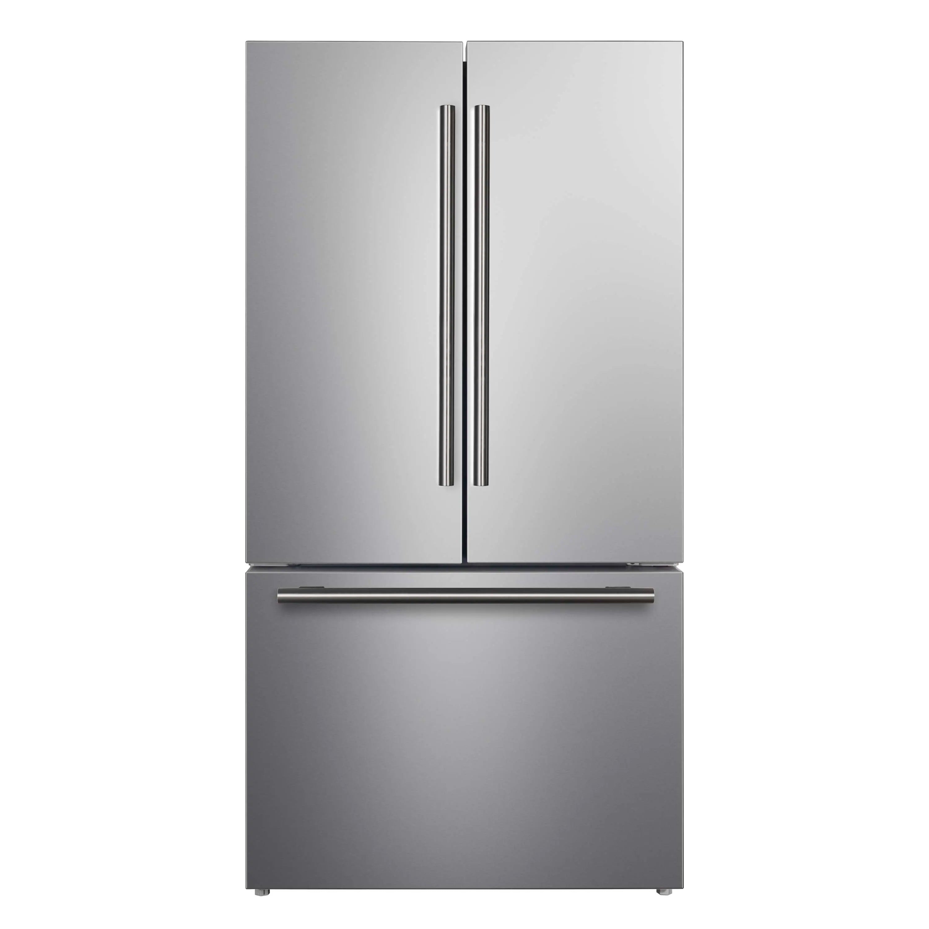 Stainless steel French door refrigerator with two vertical handles and bottom freezer drawer