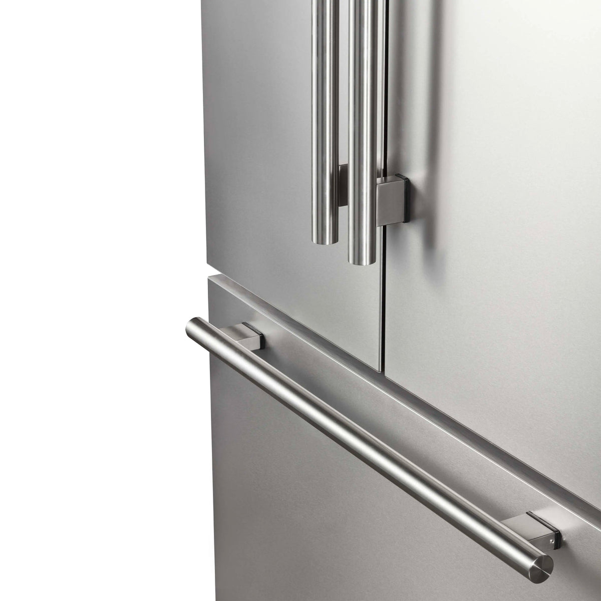 Stainless steel French door refrigerator with vertical side handles and long pull bar