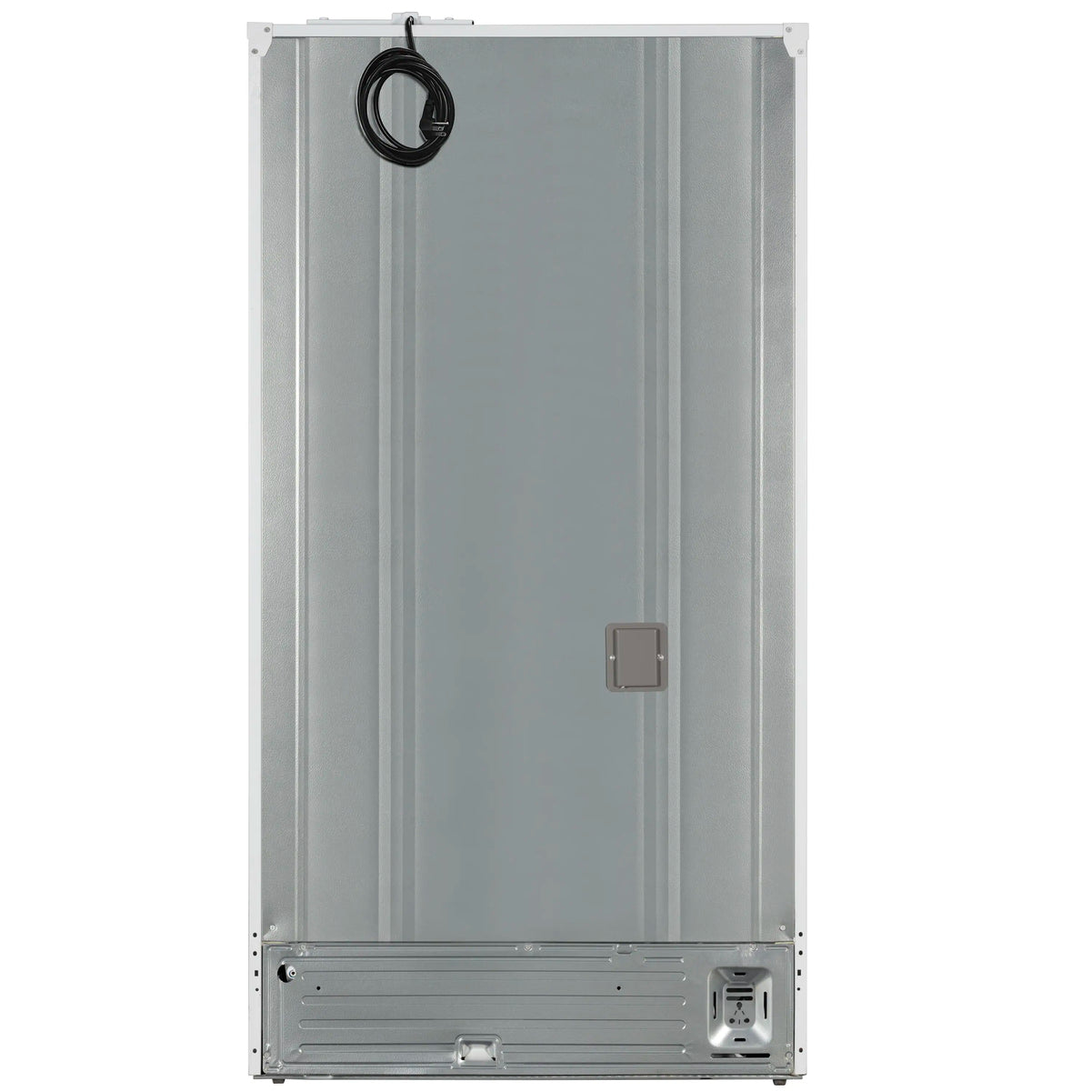 White refrigerator back panel with attached power cord and electrical access area