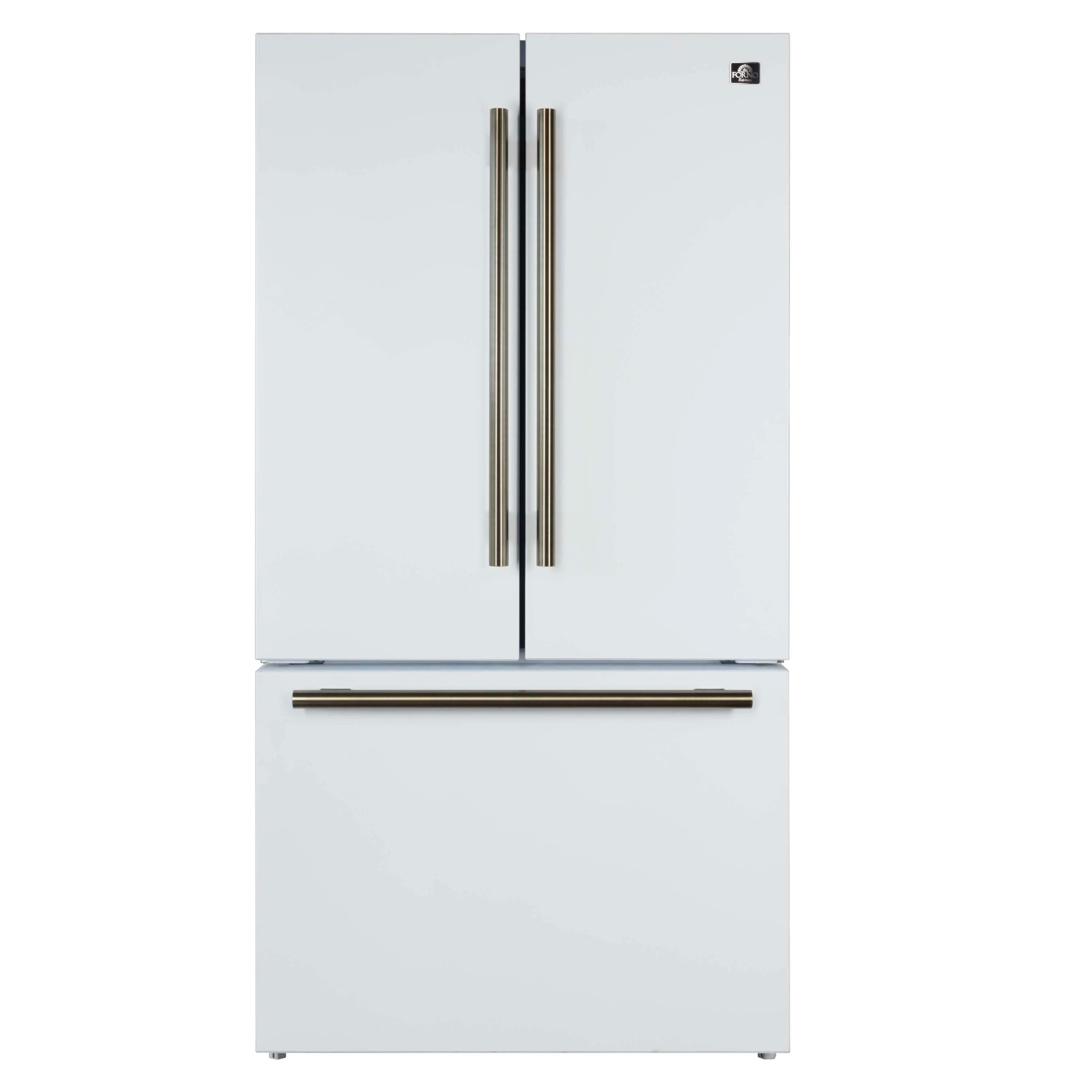 White French door refrigerator with two vertical handles and bottom freezer door