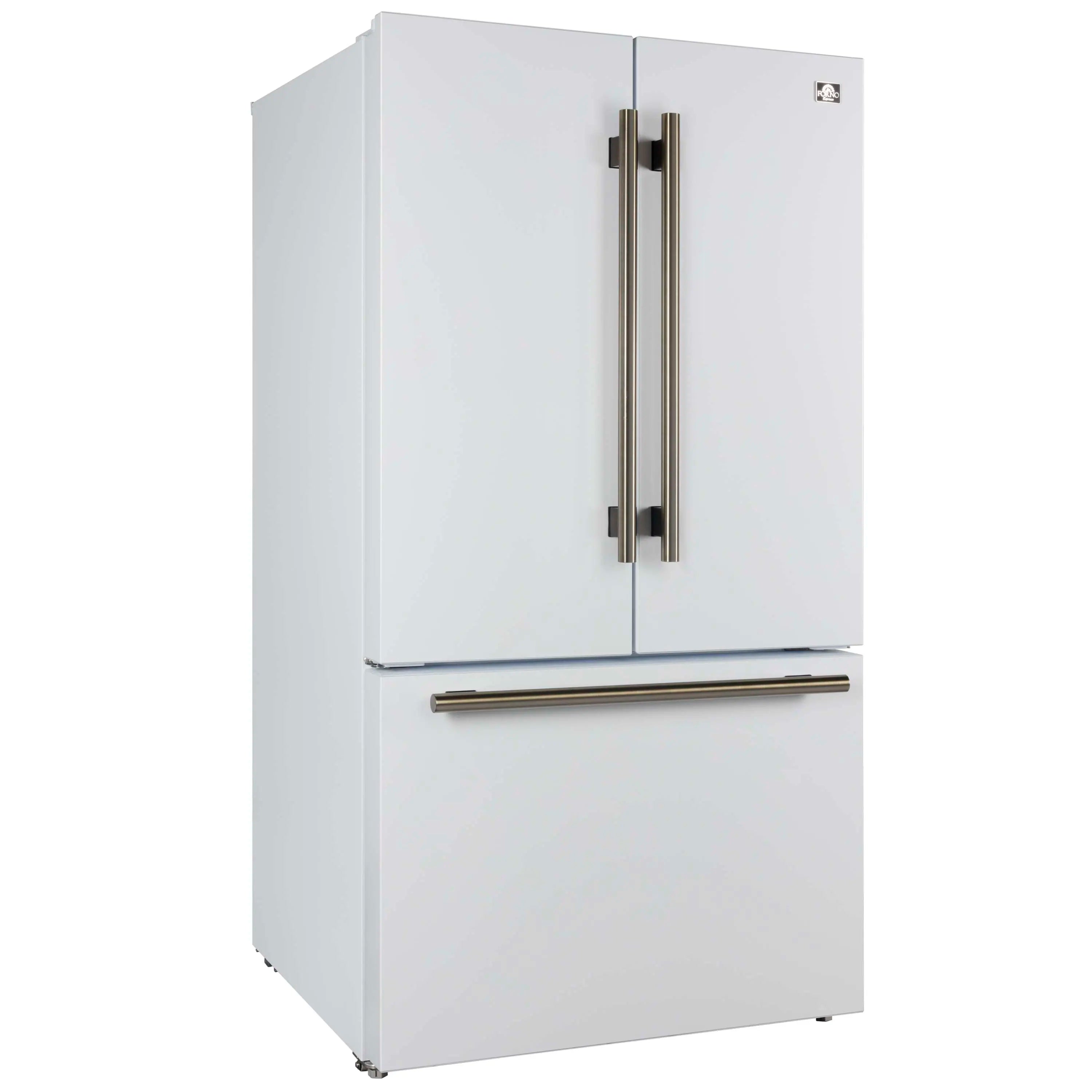 White refrigerator with brushed metal handles and bottom freezer drawer
