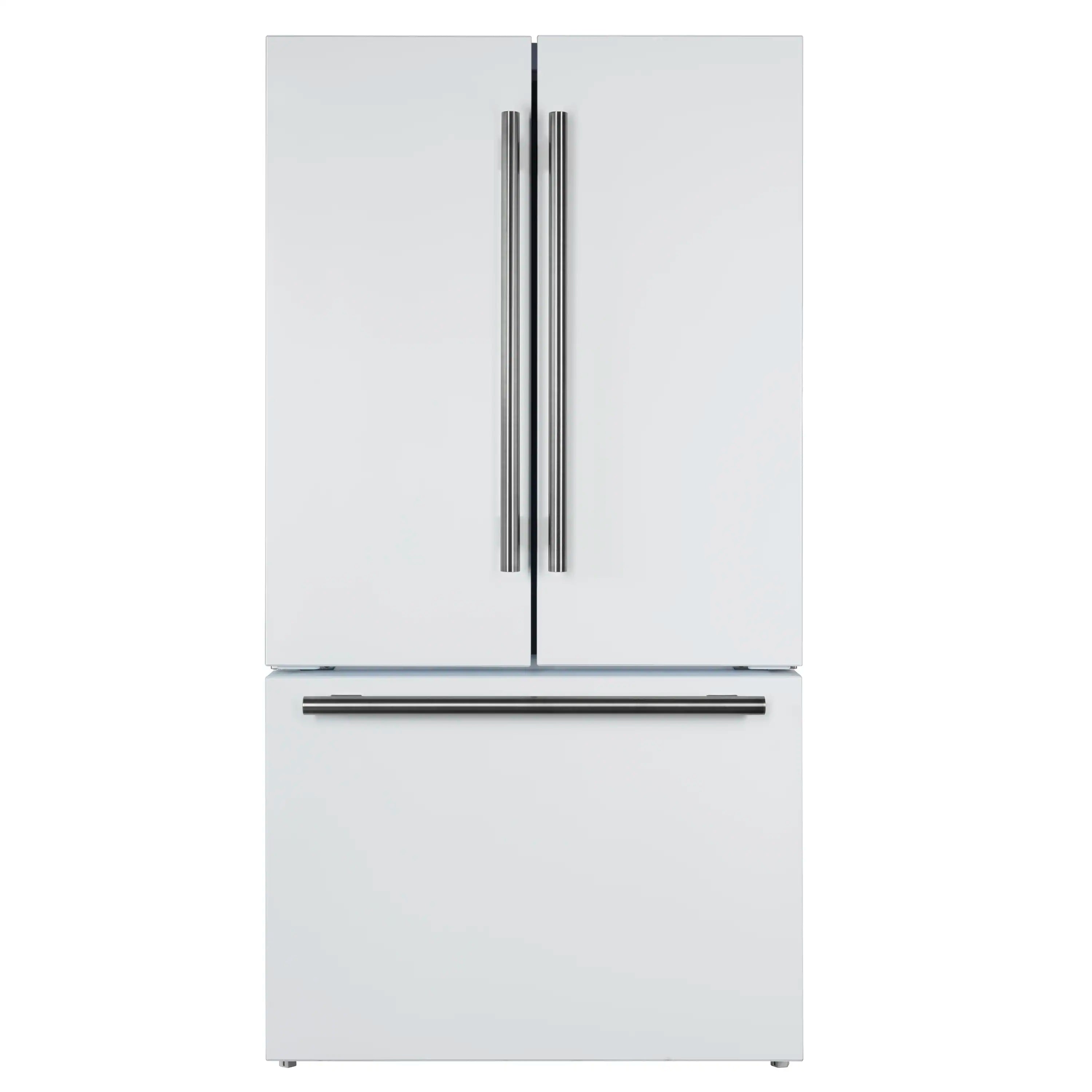 White French door refrigerator with dual vertical stainless handles and wide bottom handle