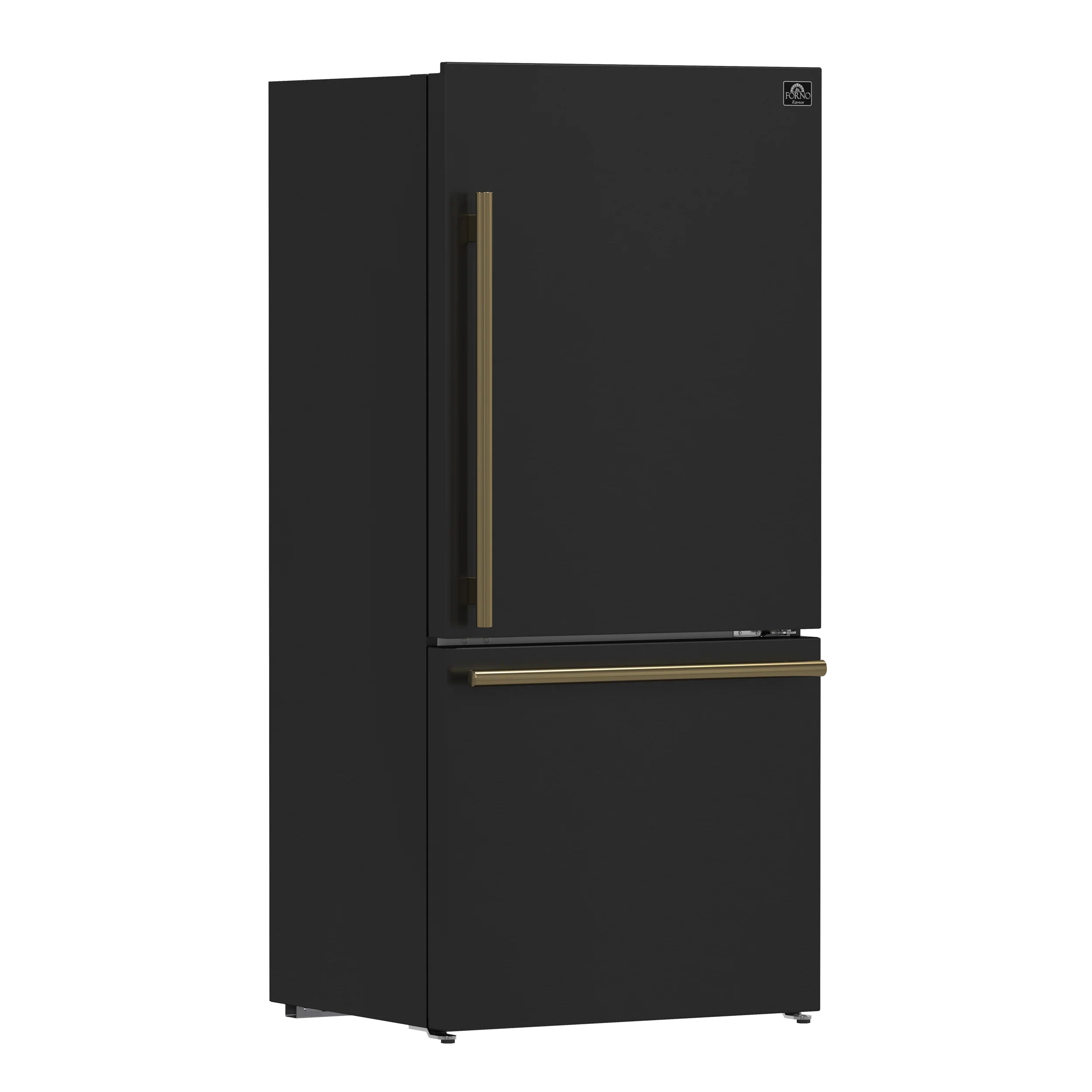Black refrigerator with bottom freezer and antique brass handle detail on right side
