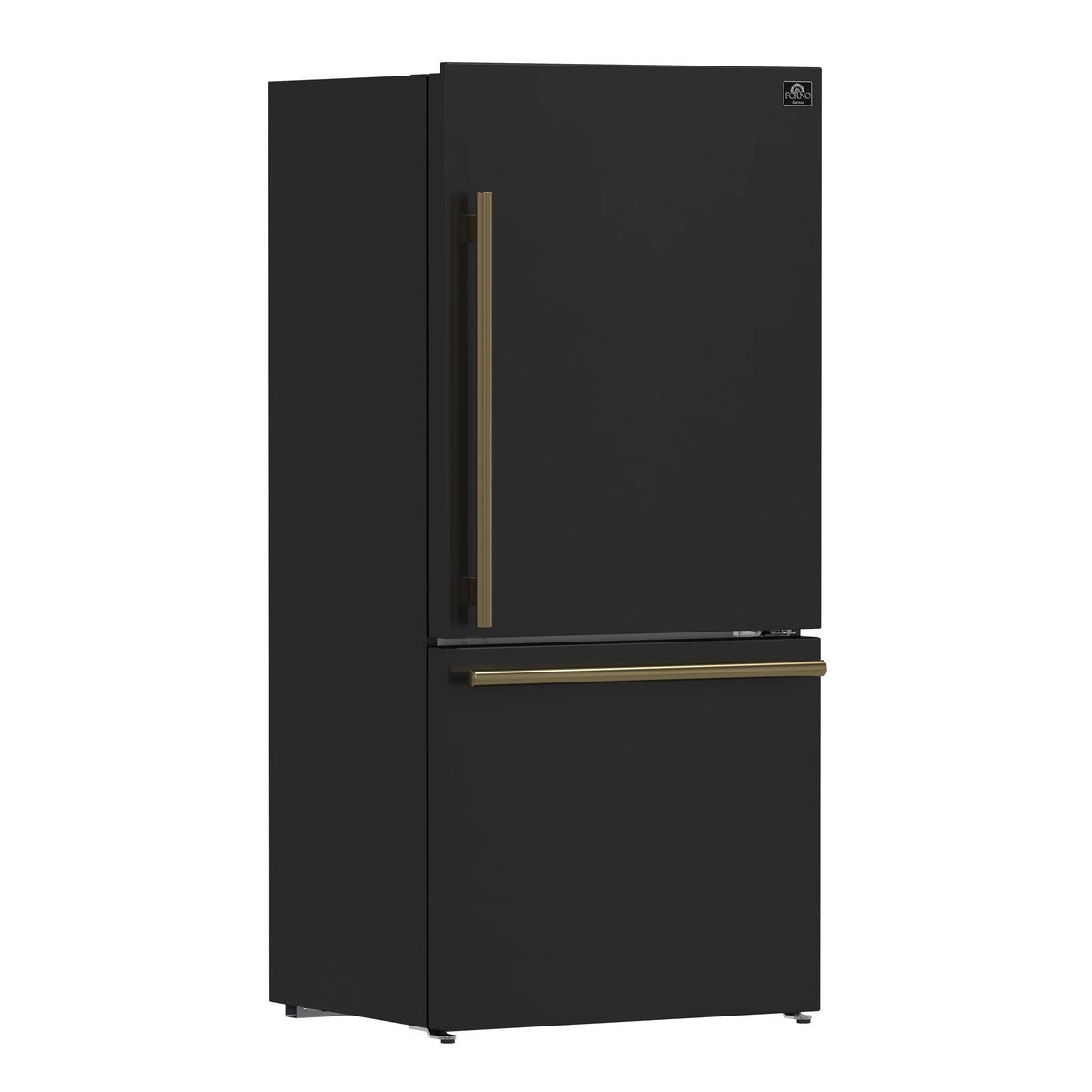 Black bottom-freezer refrigerator with antique brass bar handle, closed door