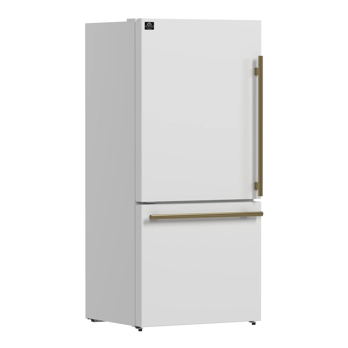 White two-door refrigerator with antique brass handle bars, left-hinge
