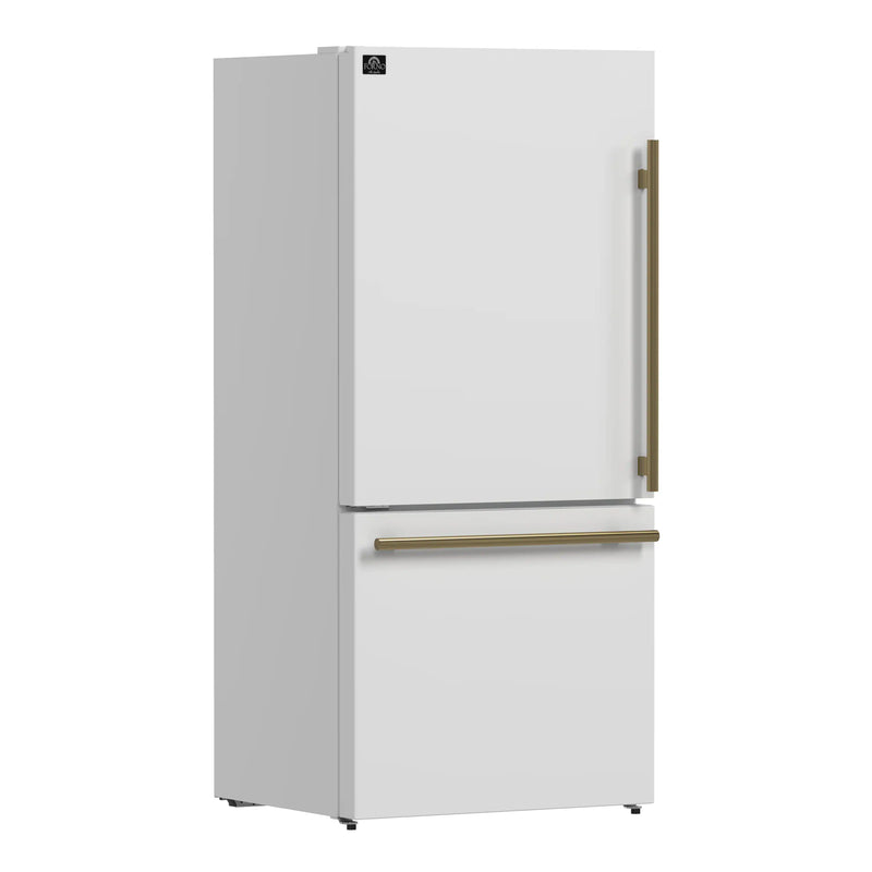 Forno Milano Espresso 31-Inch 17.2 cu. ft. Refrigerator and Bottom Freezer in White with Antique Brass Handle, Left Hinge (FFFFD1786-31WHT)