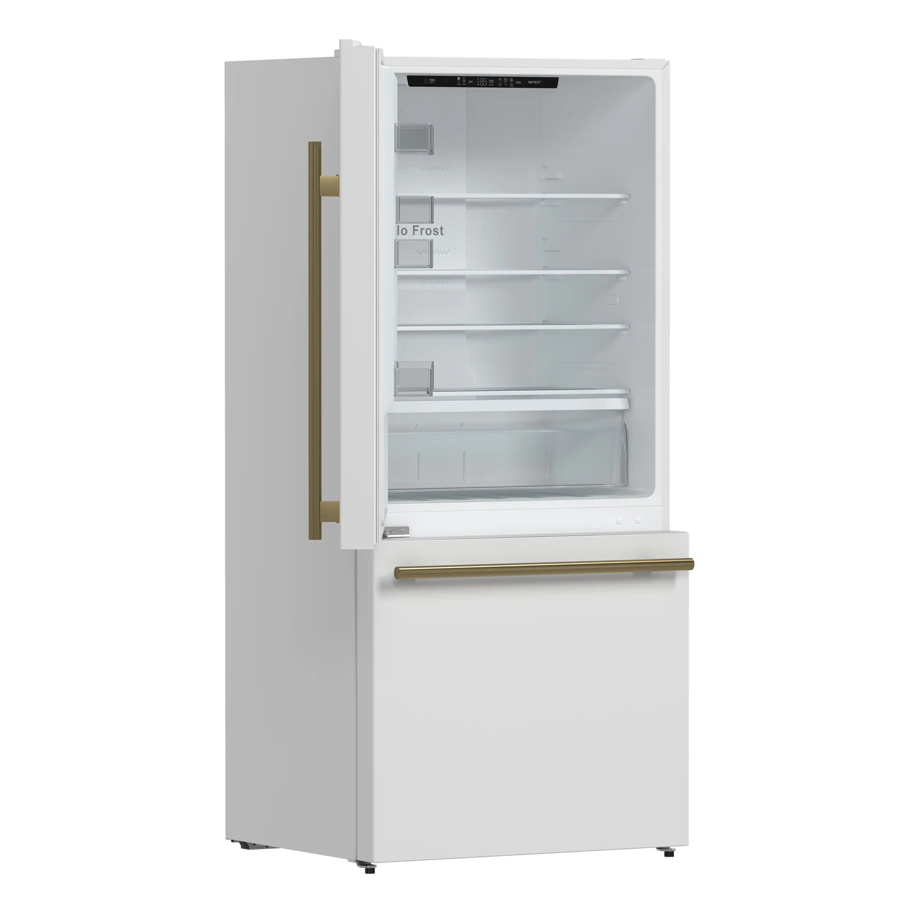 White refrigerator with open door, interior shelves and crisper drawer, brass handle