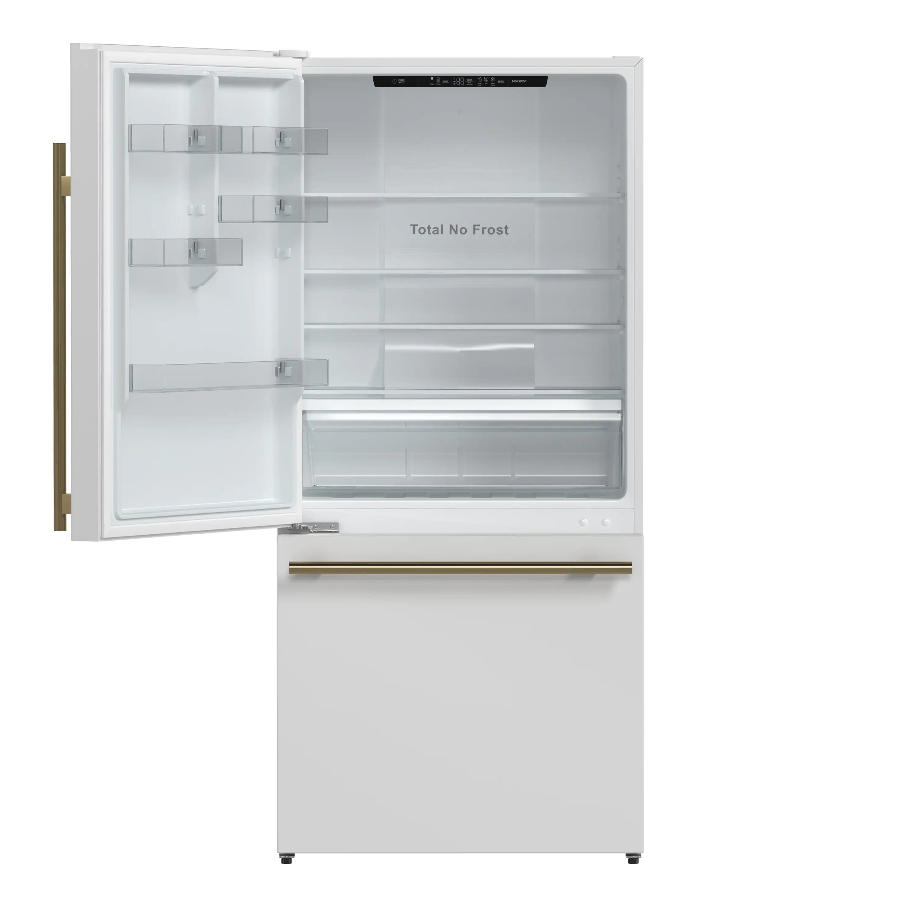 White refrigerator with door open, empty interior shelves and “Total No Frost” text