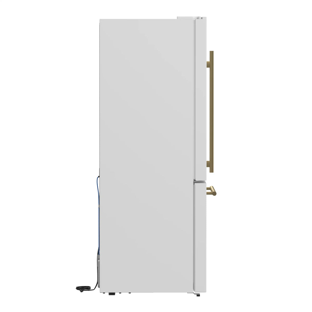 White refrigerator side view with antique brass handle and door-side hinge area