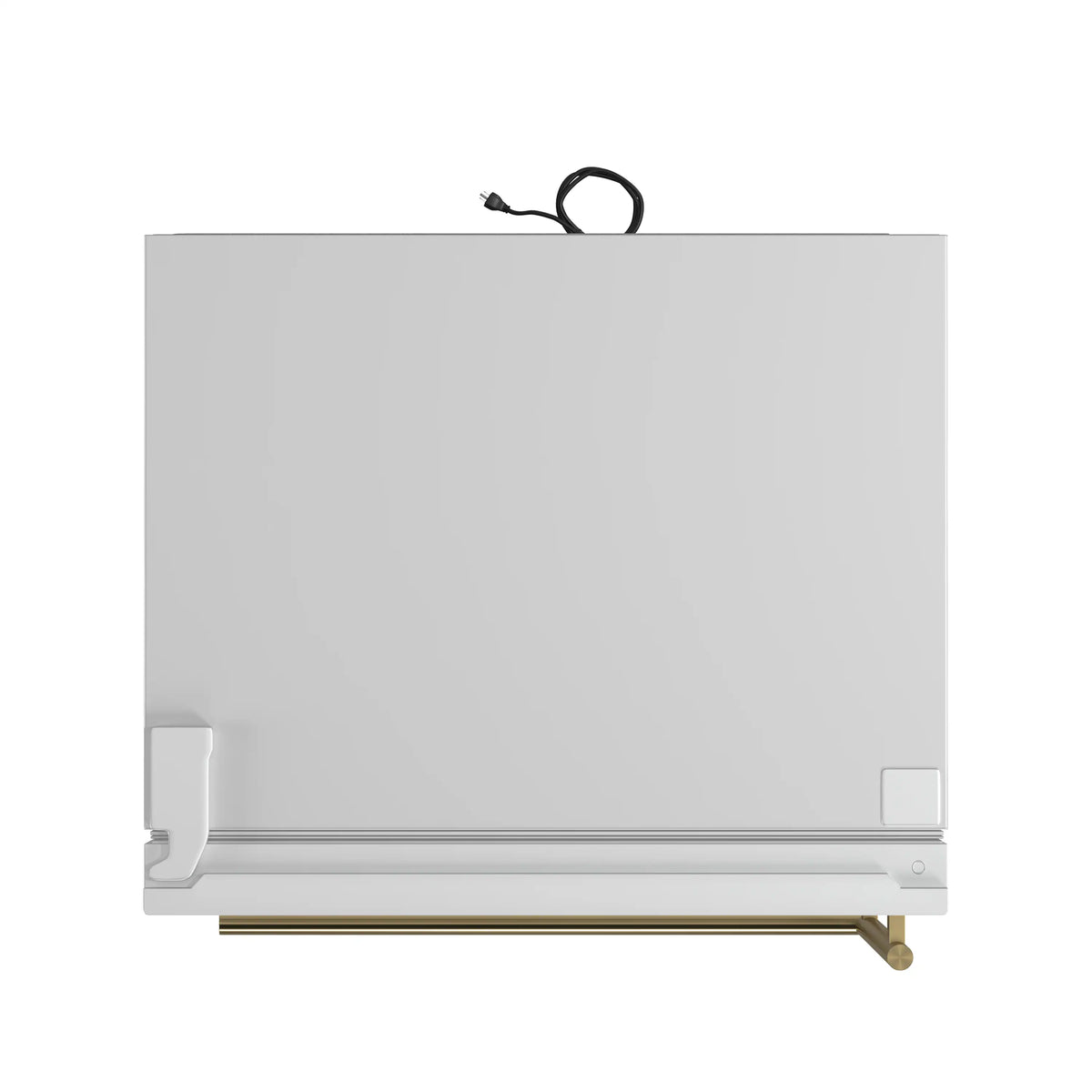 White bottom-freezer refrigerator with antique brass handle, left-hinge design