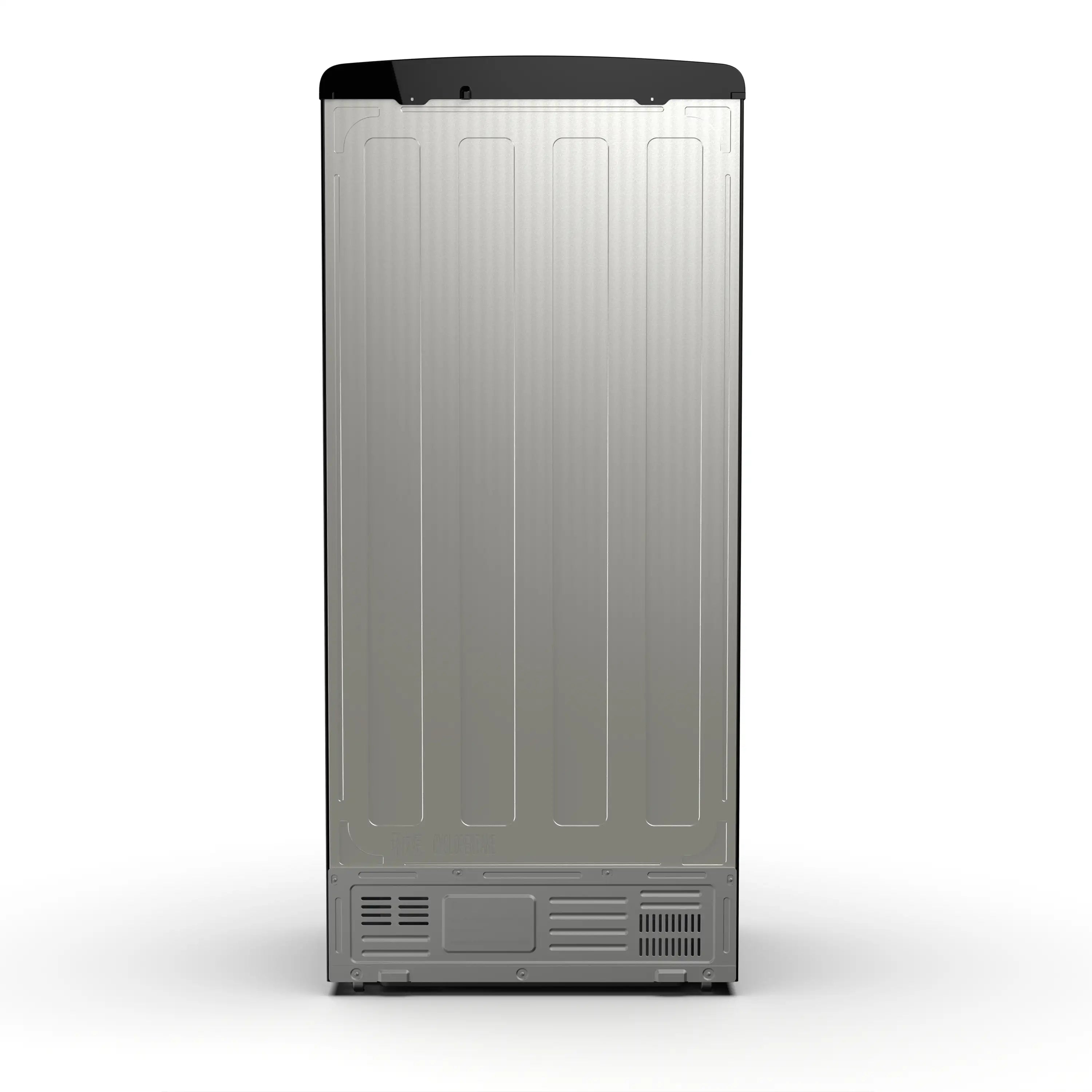Black French door refrigerator with ribbed exterior panel and vented base