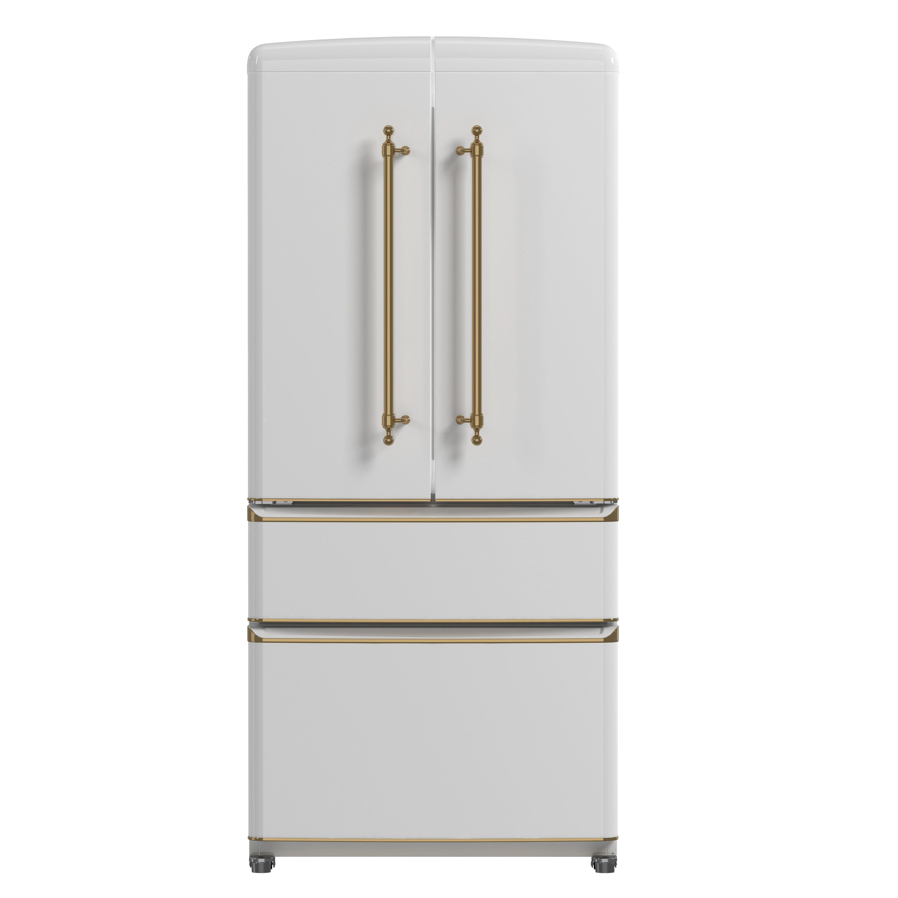 White French-door refrigerator with antique brass bar handles