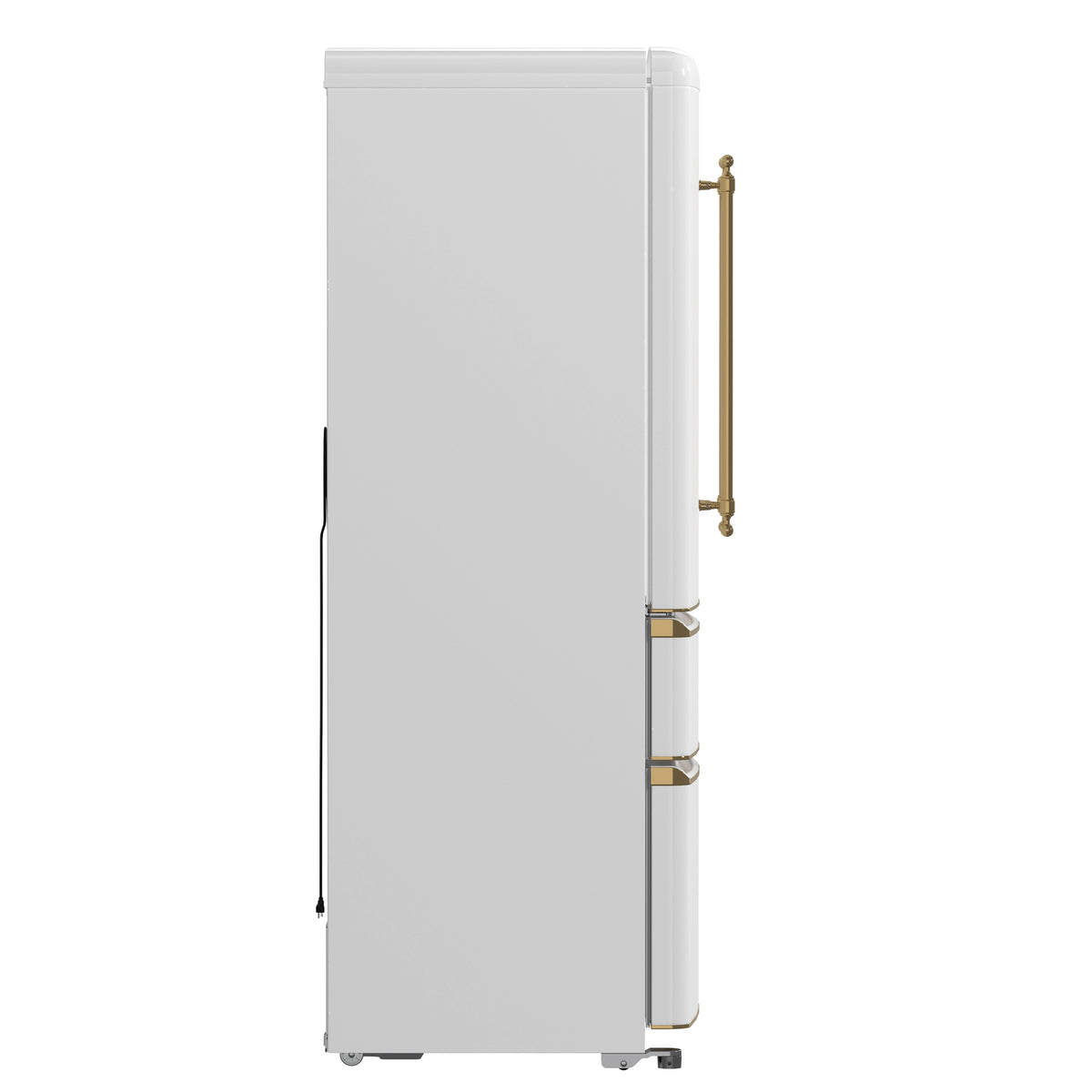 White refrigerator with vertical antique brass handle, front door closed