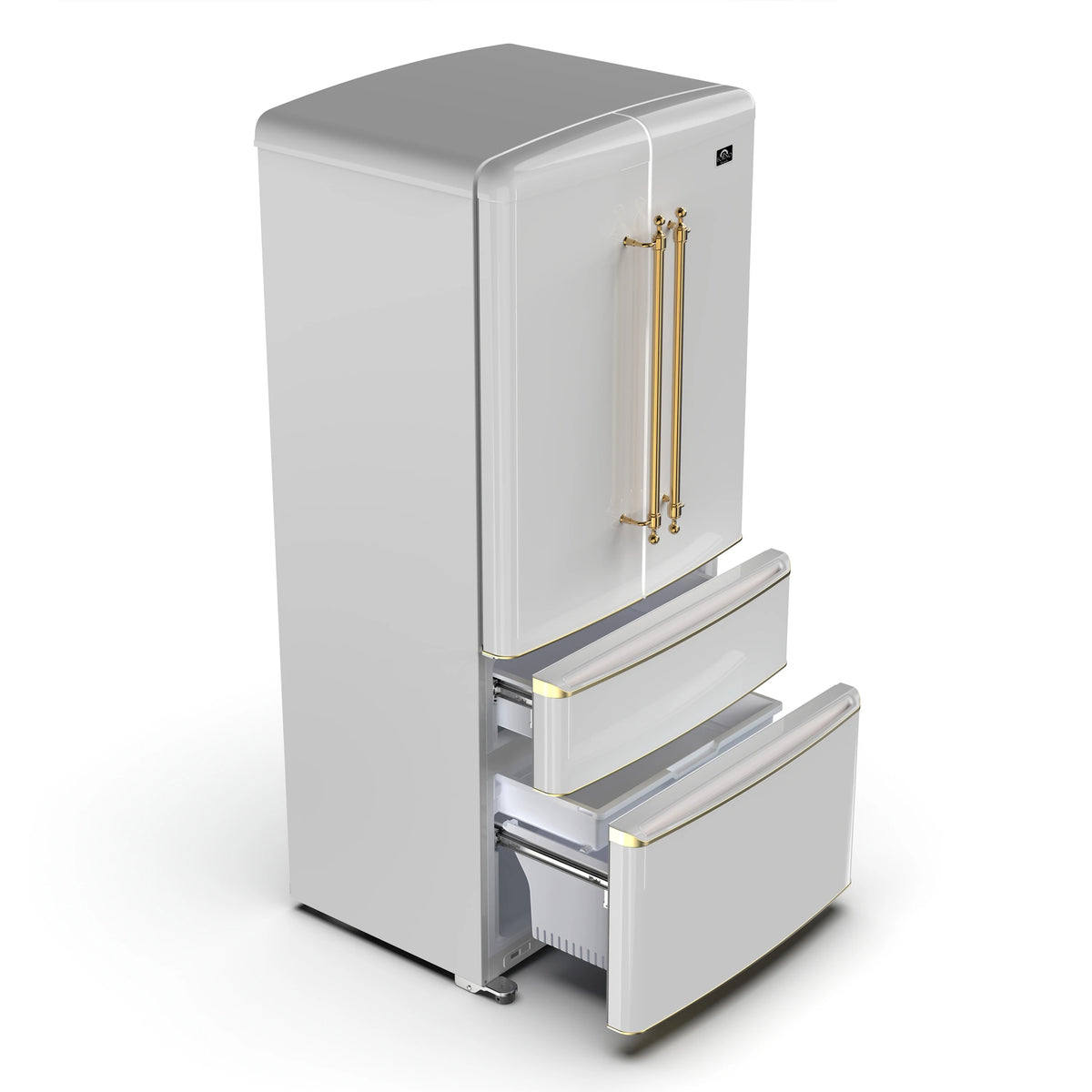 White two-door refrigerator with open freezer drawers and antique brass handles