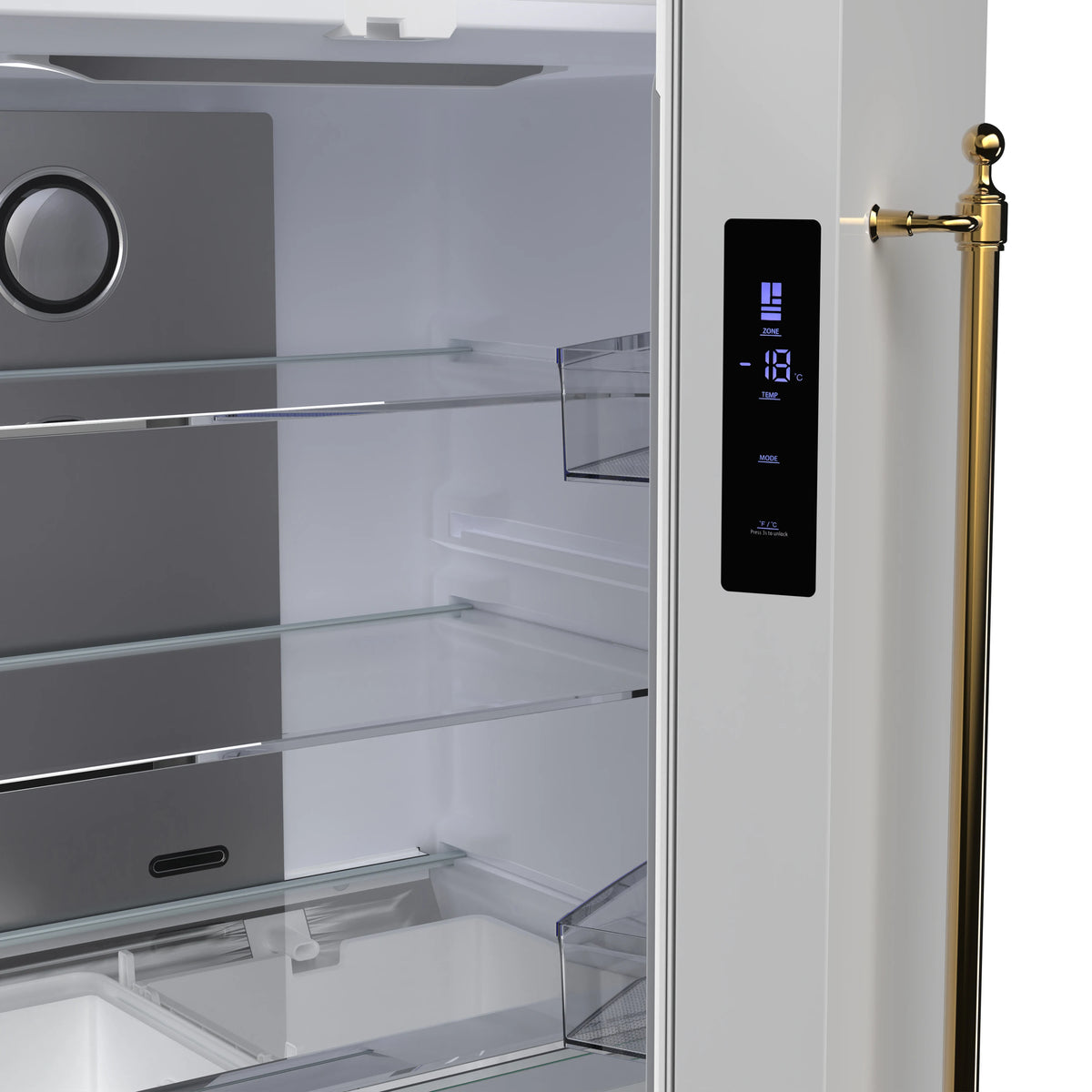 Refrigerator interior with clear bins and brass handle on right door