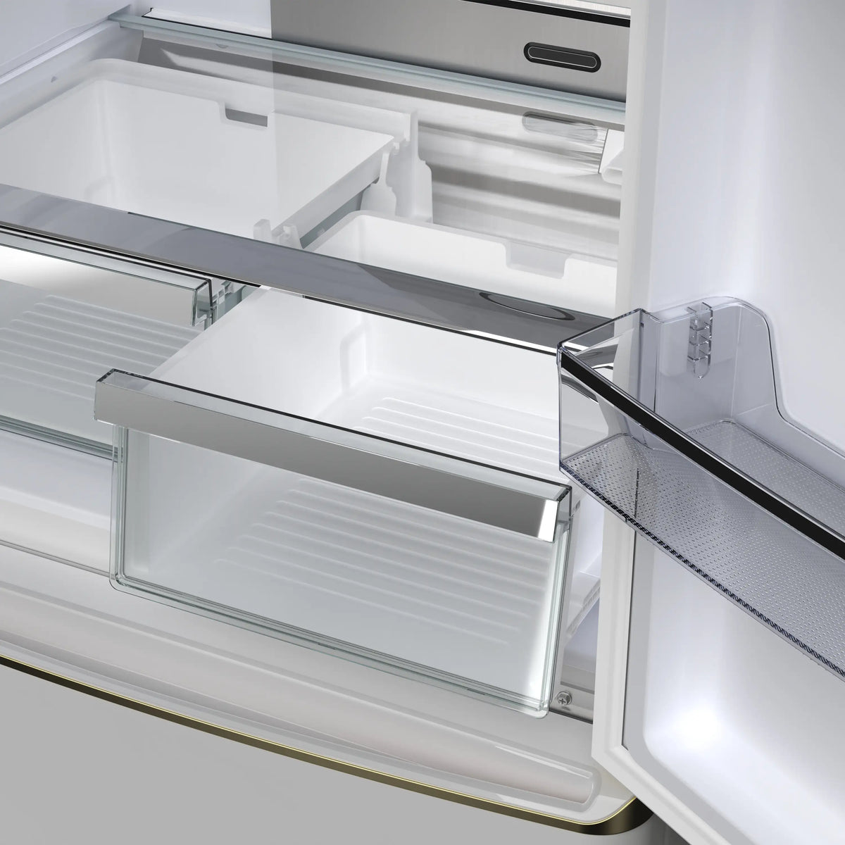 Refrigerator drawer and glass shelf with clear bins and sliding track