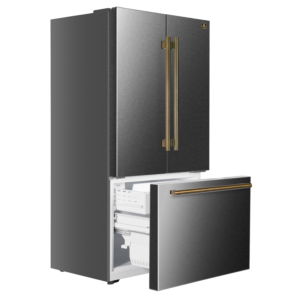 Forno Fiorano 36-Inch French Door Refrigerator with 20.2 Cu. Ft. Internal Water Dispenser & Automatic Ice Maker in Black with Antique Brass Trim