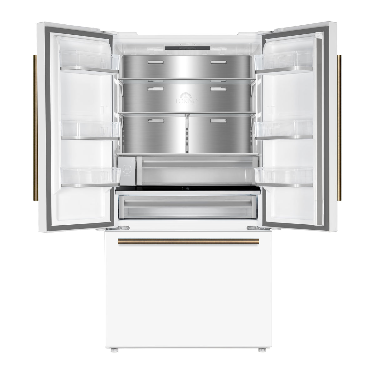 Forno Fiorano 36-Inch French Door Refrigerator with 20.2 Cu. Ft. Internal Water Dispenser & Automatic Ice Maker in White with Antique Brass Trim
