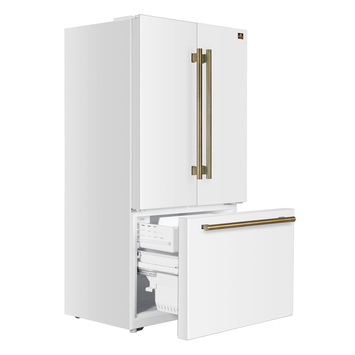 Forno Fiorano 36-Inch French Door Refrigerator with 20.2 Cu. Ft. Internal Water Dispenser & Automatic Ice Maker in White with Antique Brass Trim