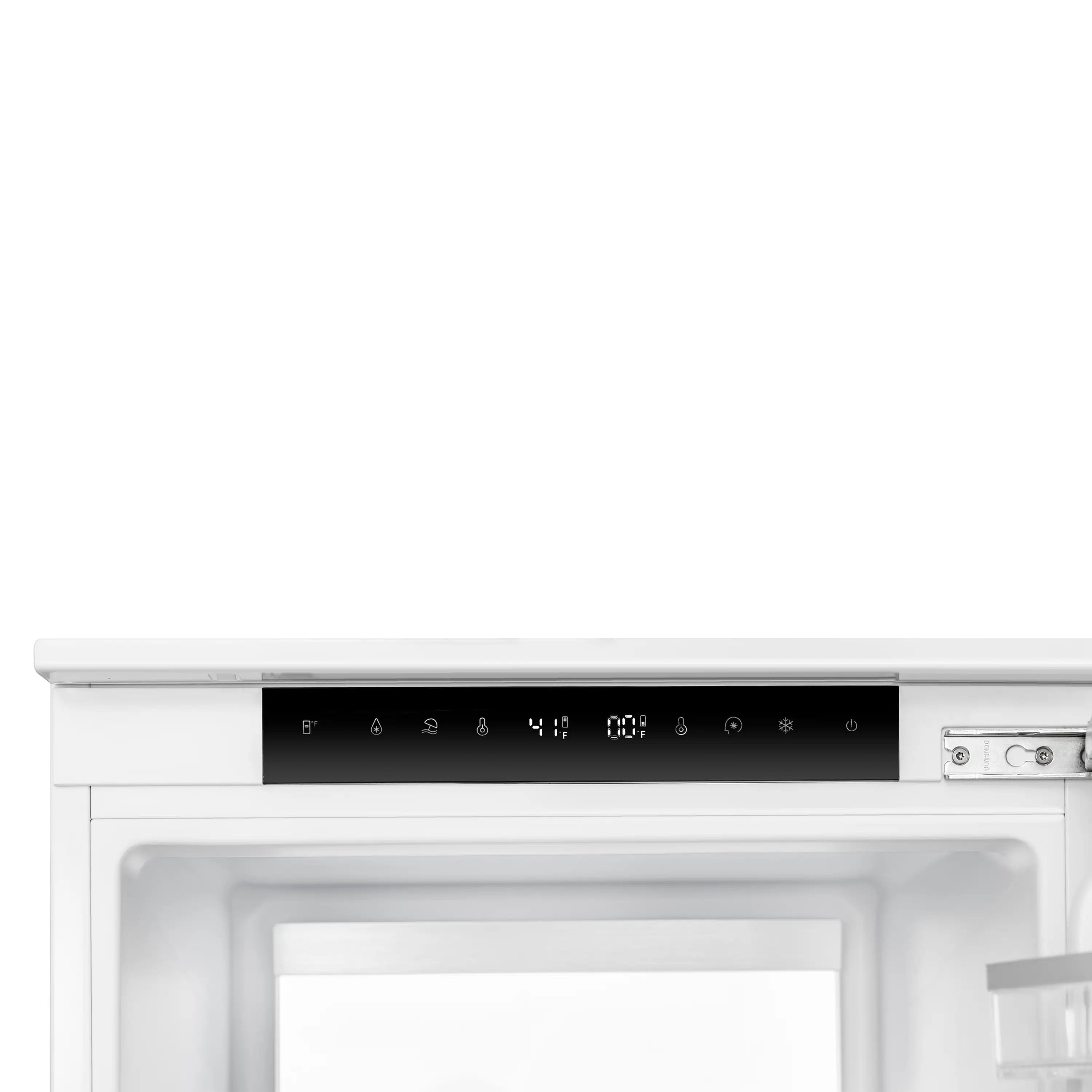 Refrigerator control panel with touch display and icons above the freezer opening.