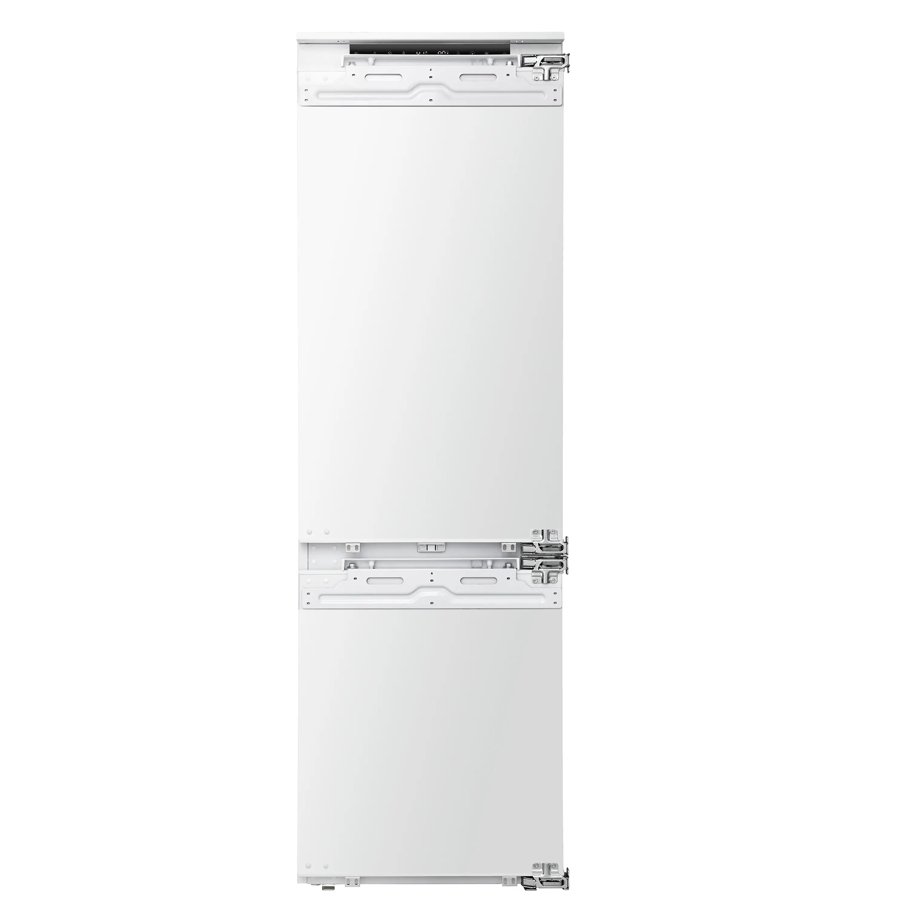 Built-in refrigerator with bottom freezer, open front access panels, white exterior.