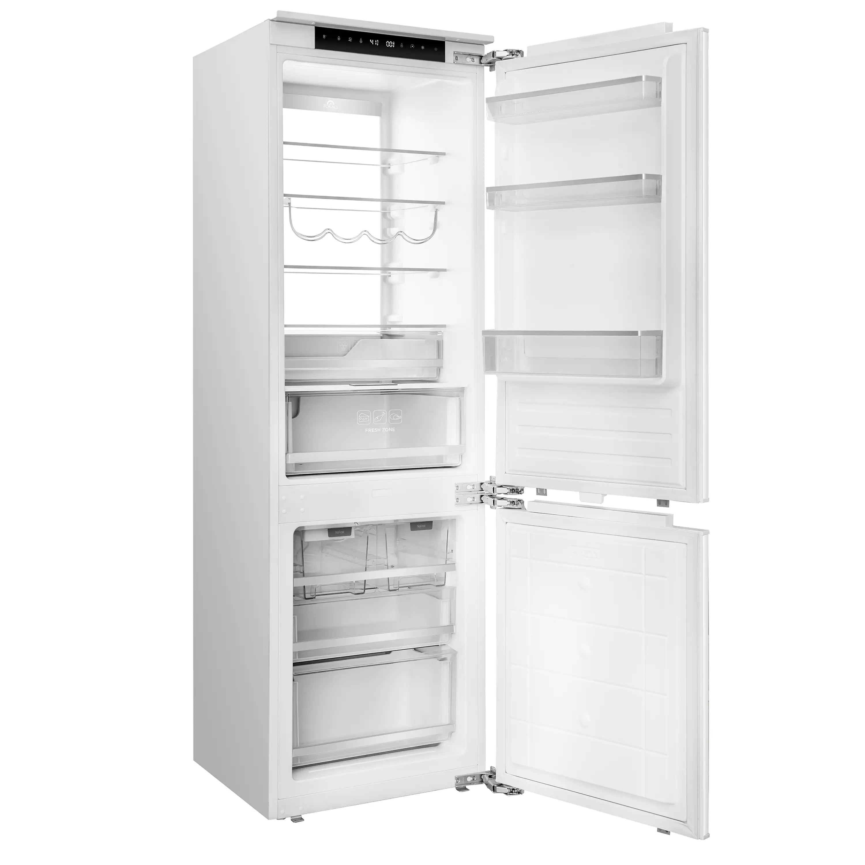 Open built-in refrigerator showing fresh food and freezer compartments, white interior.