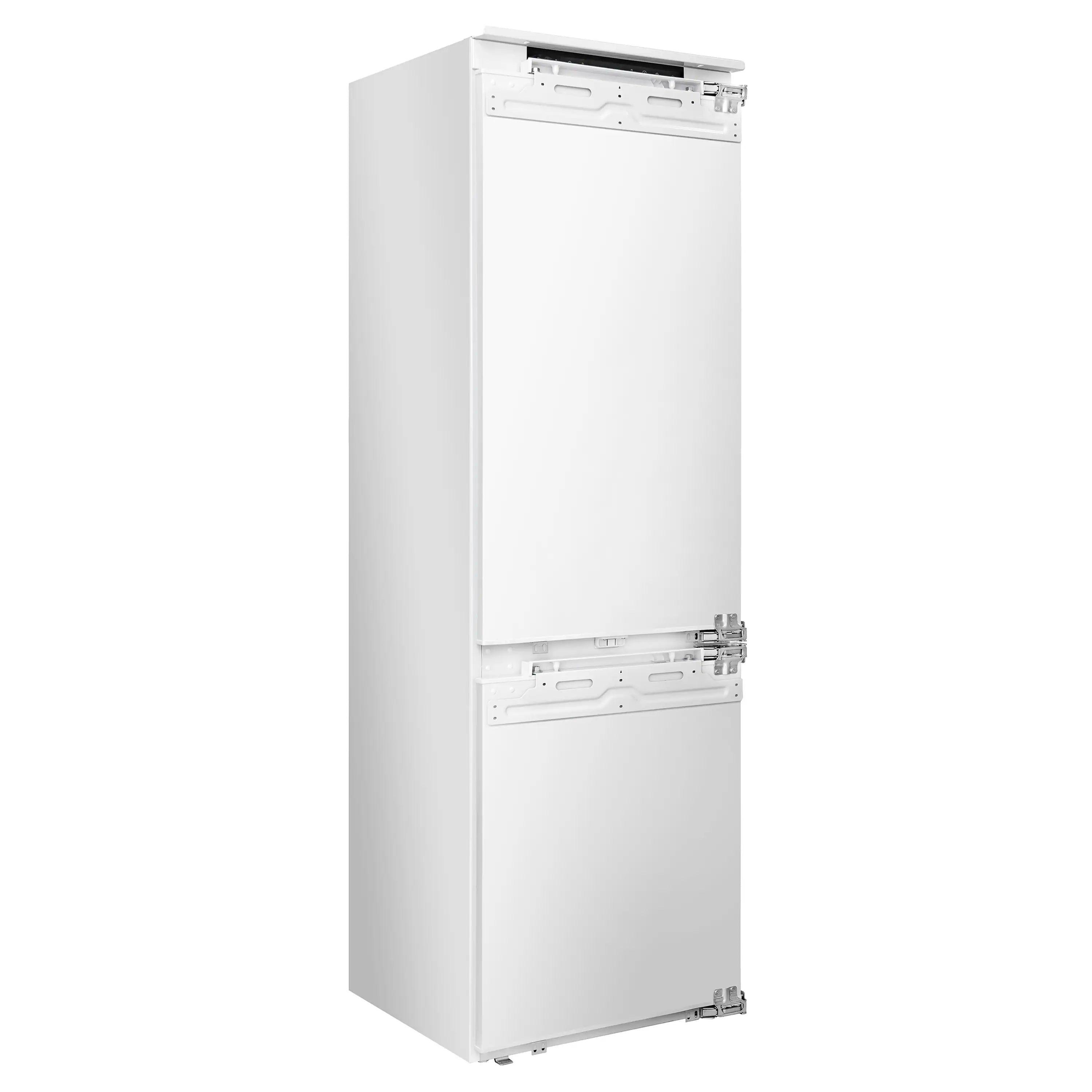 Tall built-in refrigerator with bottom freezer, white exterior and open front access.