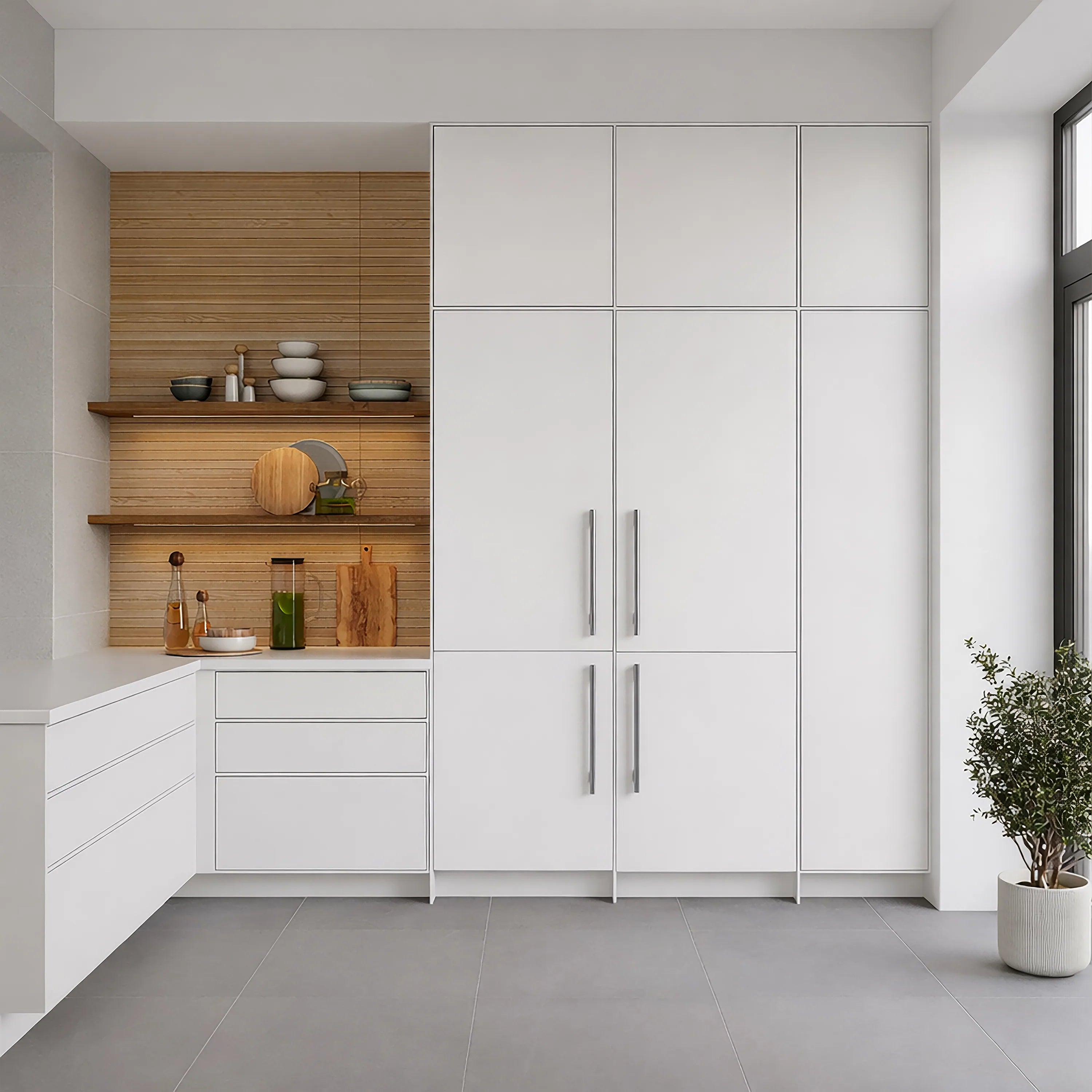 Built-in panel-ready refrigerator with white cabinet doors and vertical bar handles