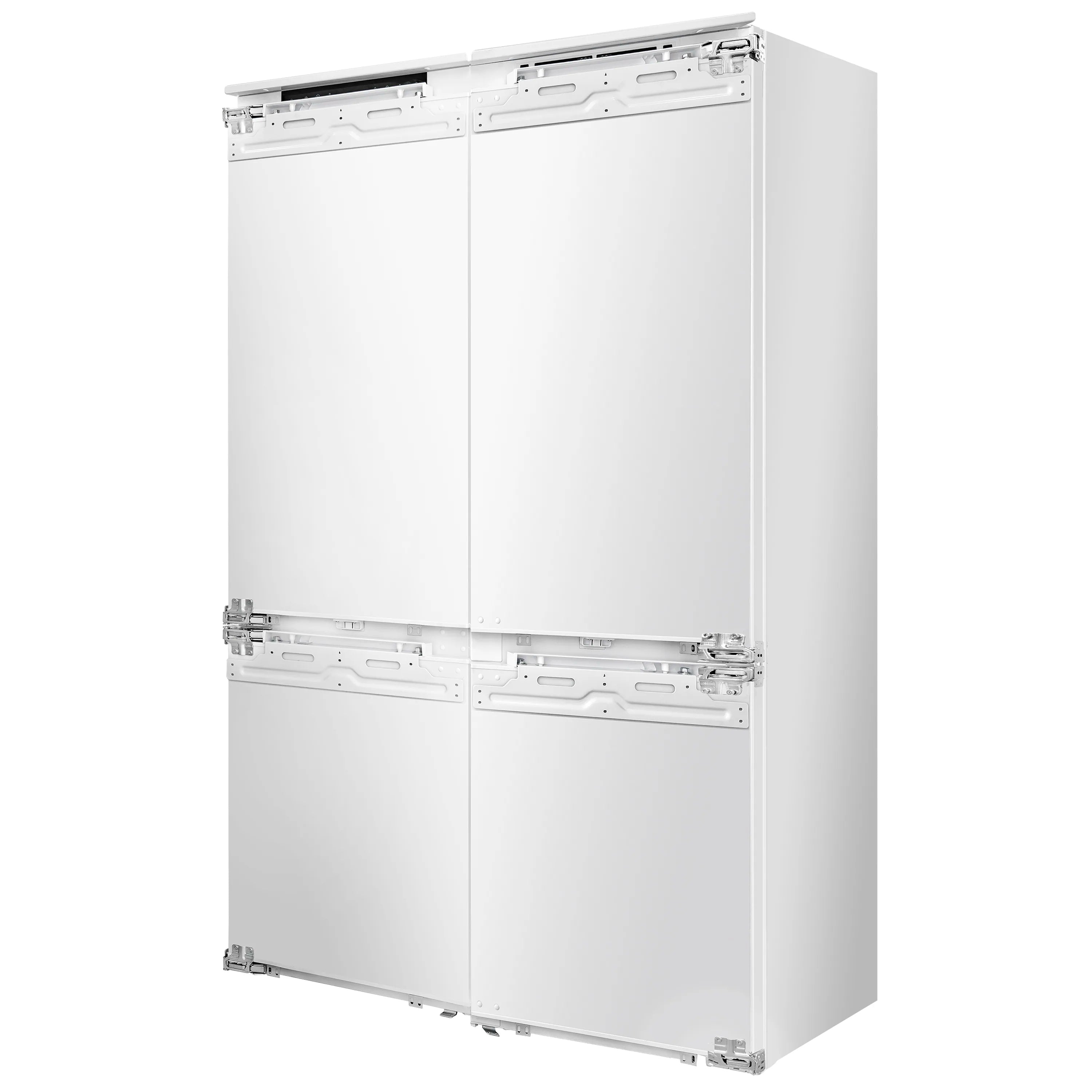 Built-in panel-ready refrigerator installation frame with bottom hinges and braces