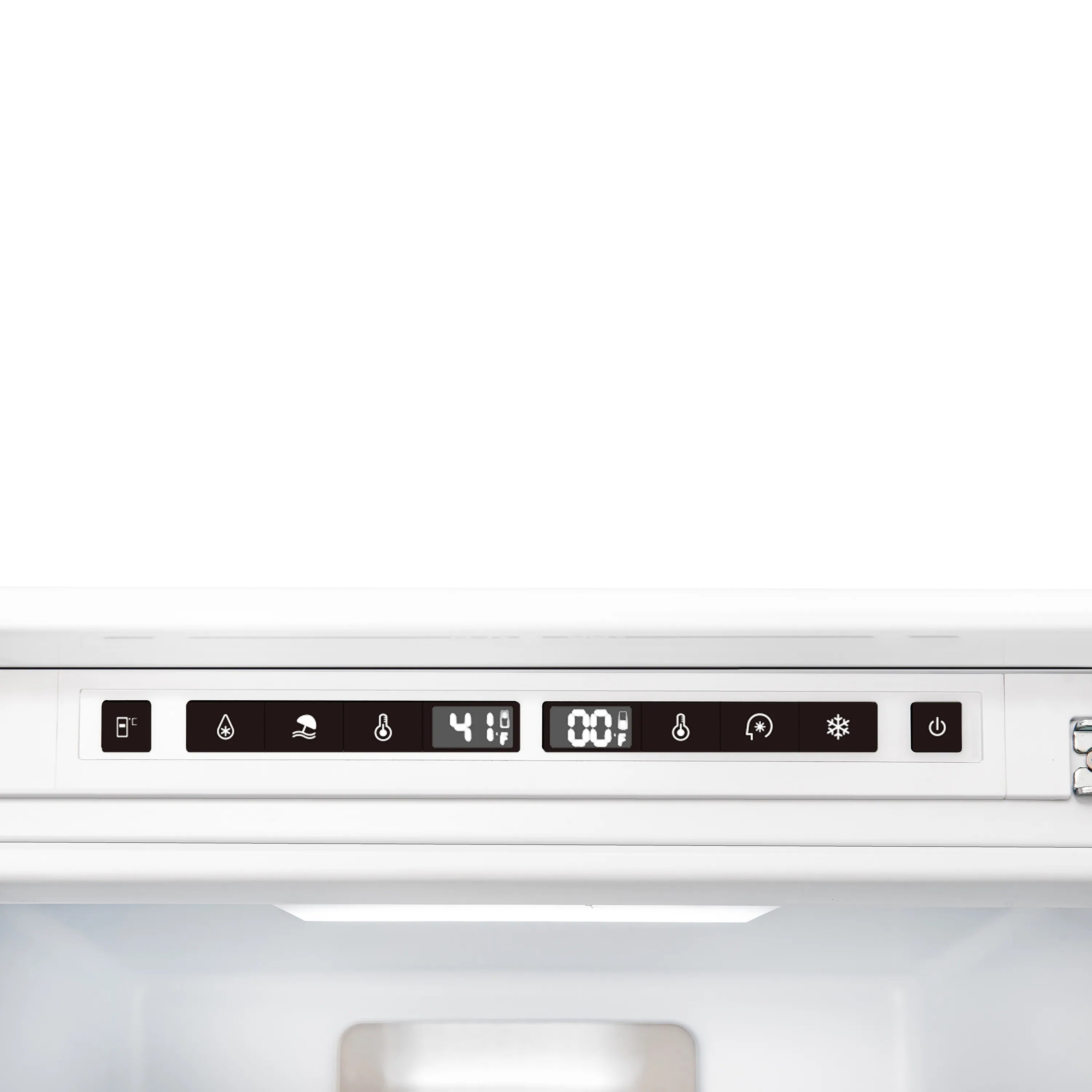 Built-in refrigerator control panel close-up with touch icons and power button
