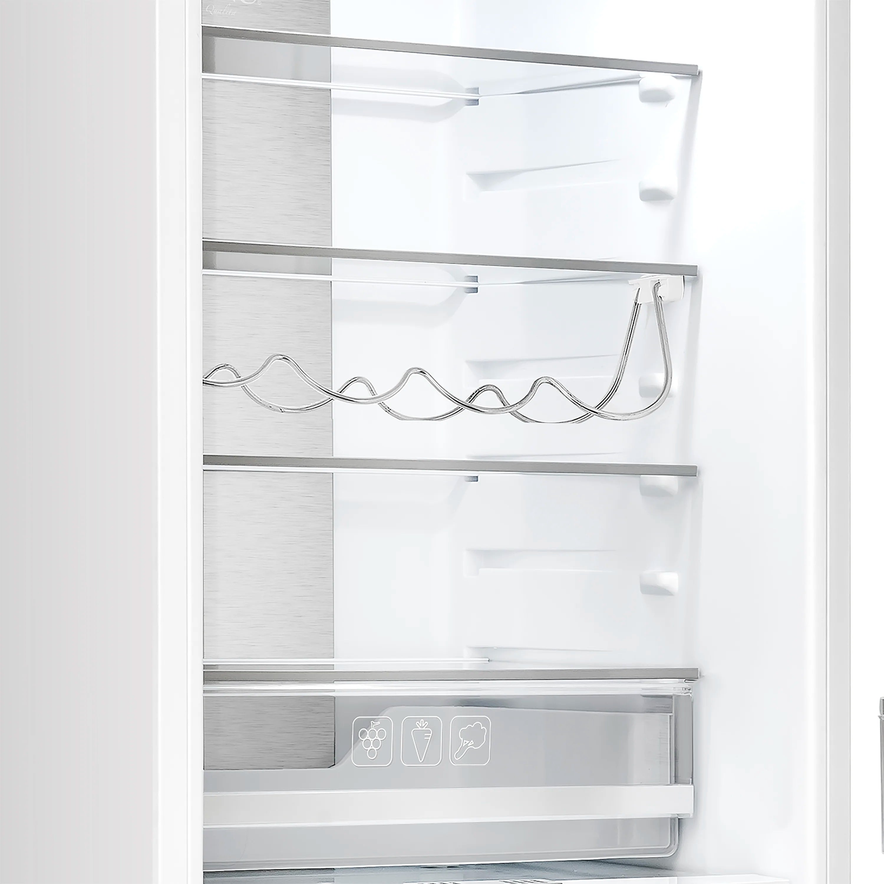 Refrigerator compartment with wire bottle rack and adjustable glass shelves