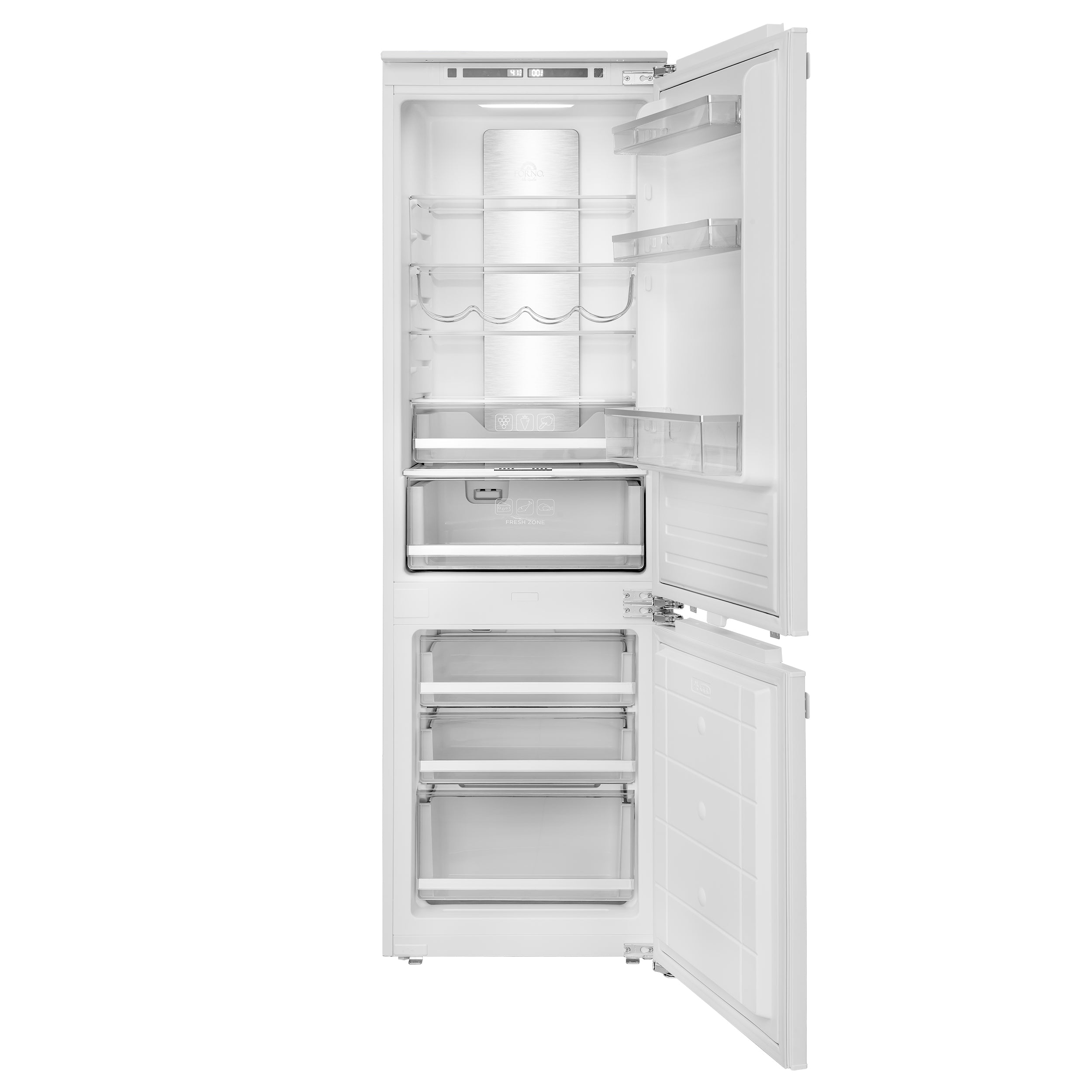 White built-in refrigerator with bottom freezer open, interior shelves and drawers