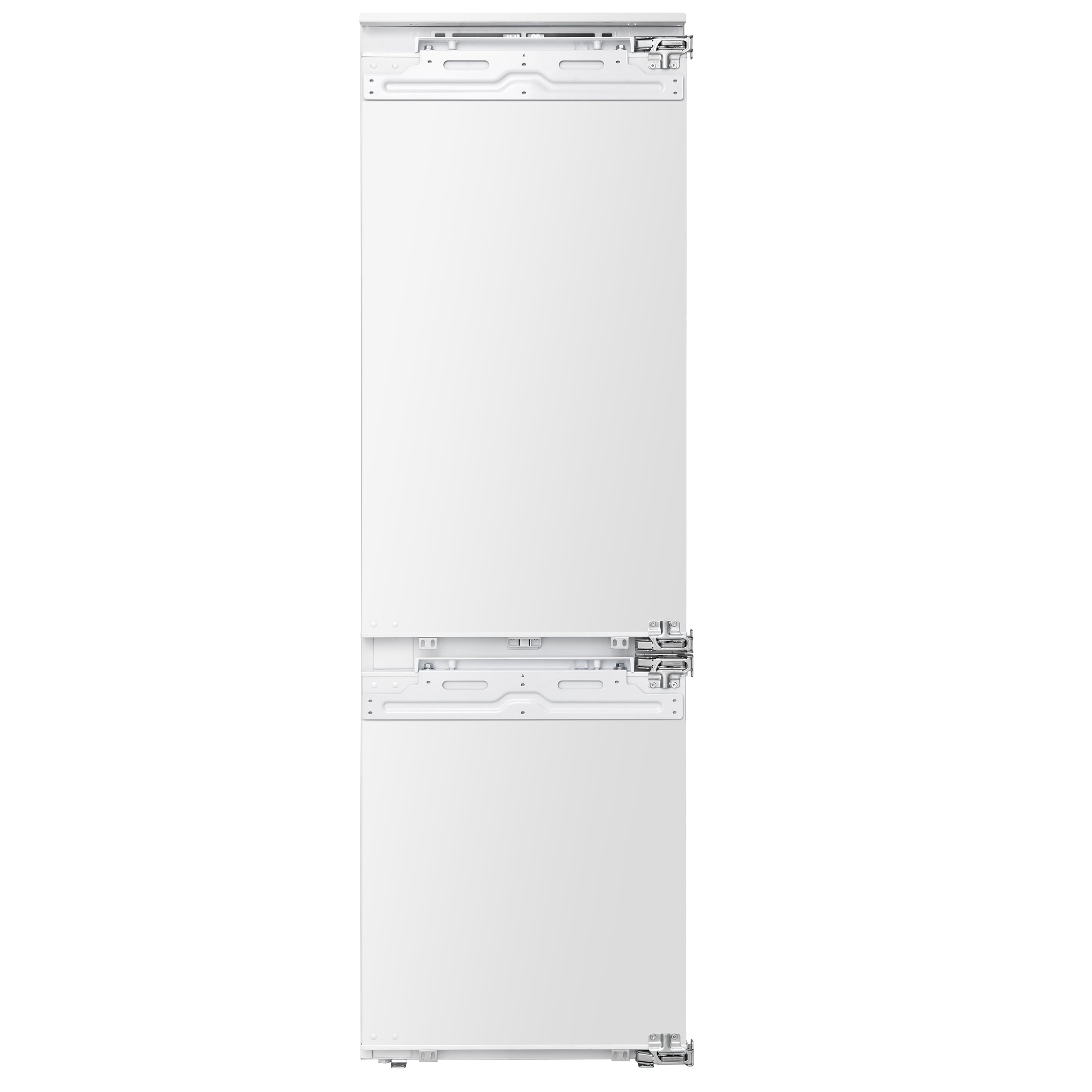 White built-in refrigerator cabinet with bottom access panel and mounting feet