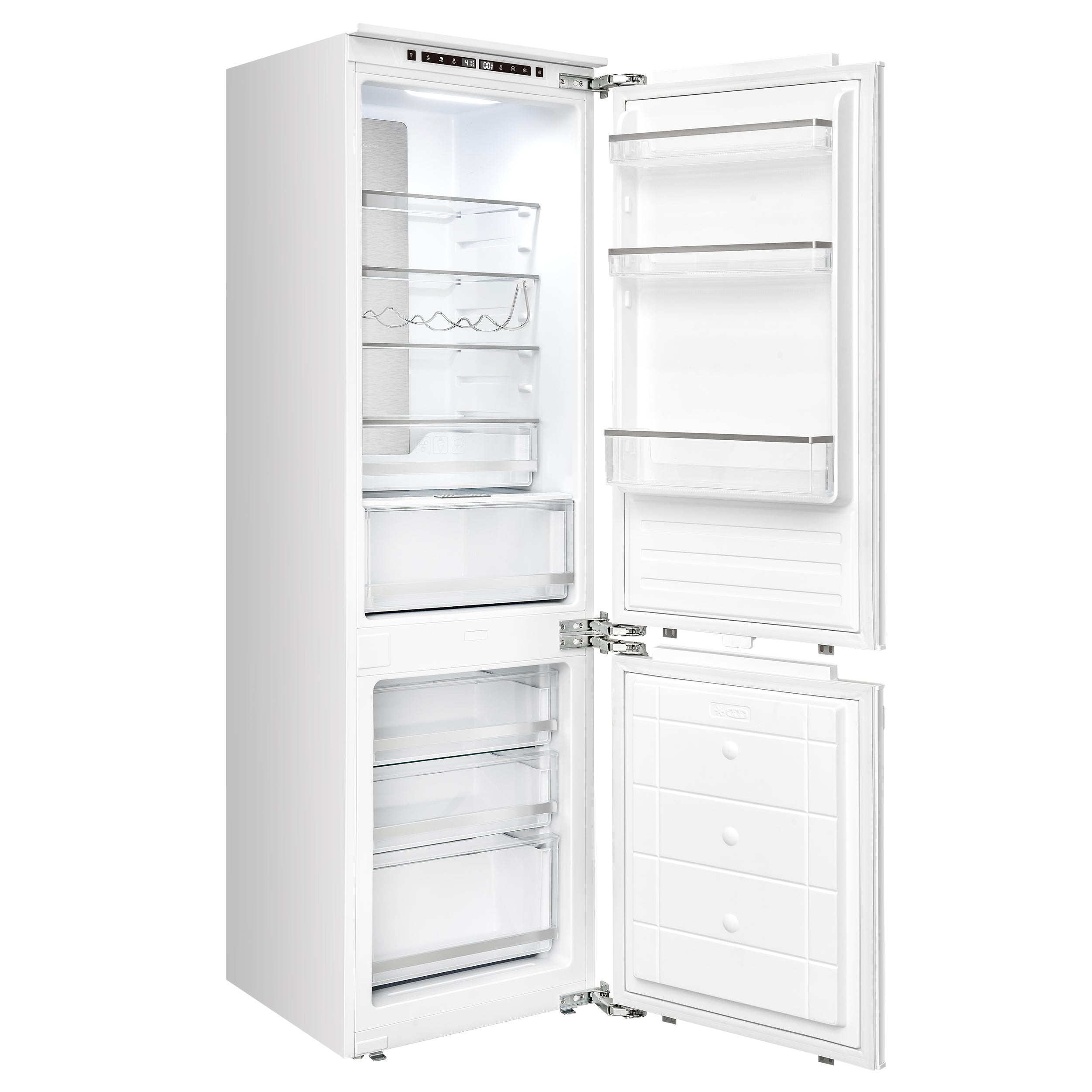 Panel-ready built-in refrigerator with bottom freezer, white interior, open doors and shelves