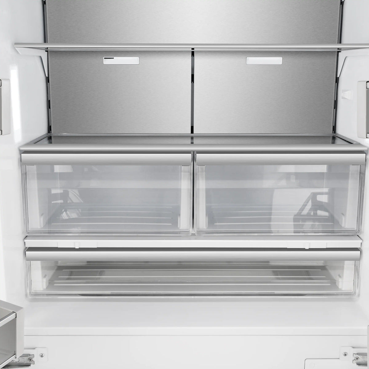 French door refrigerator interior with glass doors and shelves, panel-ready
