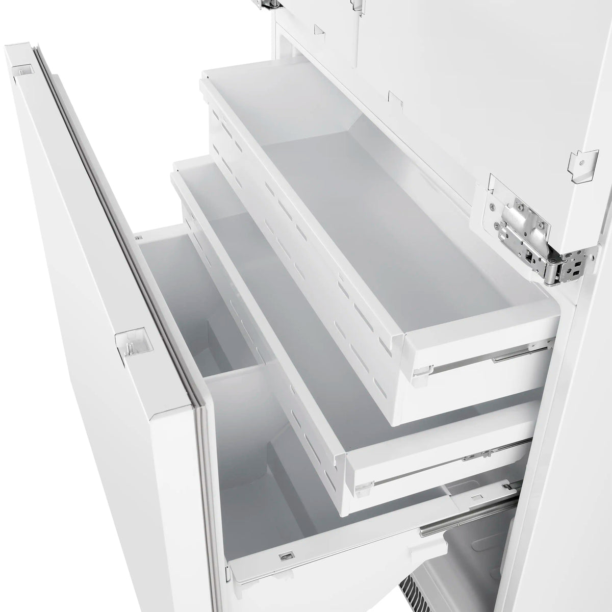 French door refrigerator with open drawers and adjustable shelves, interior view