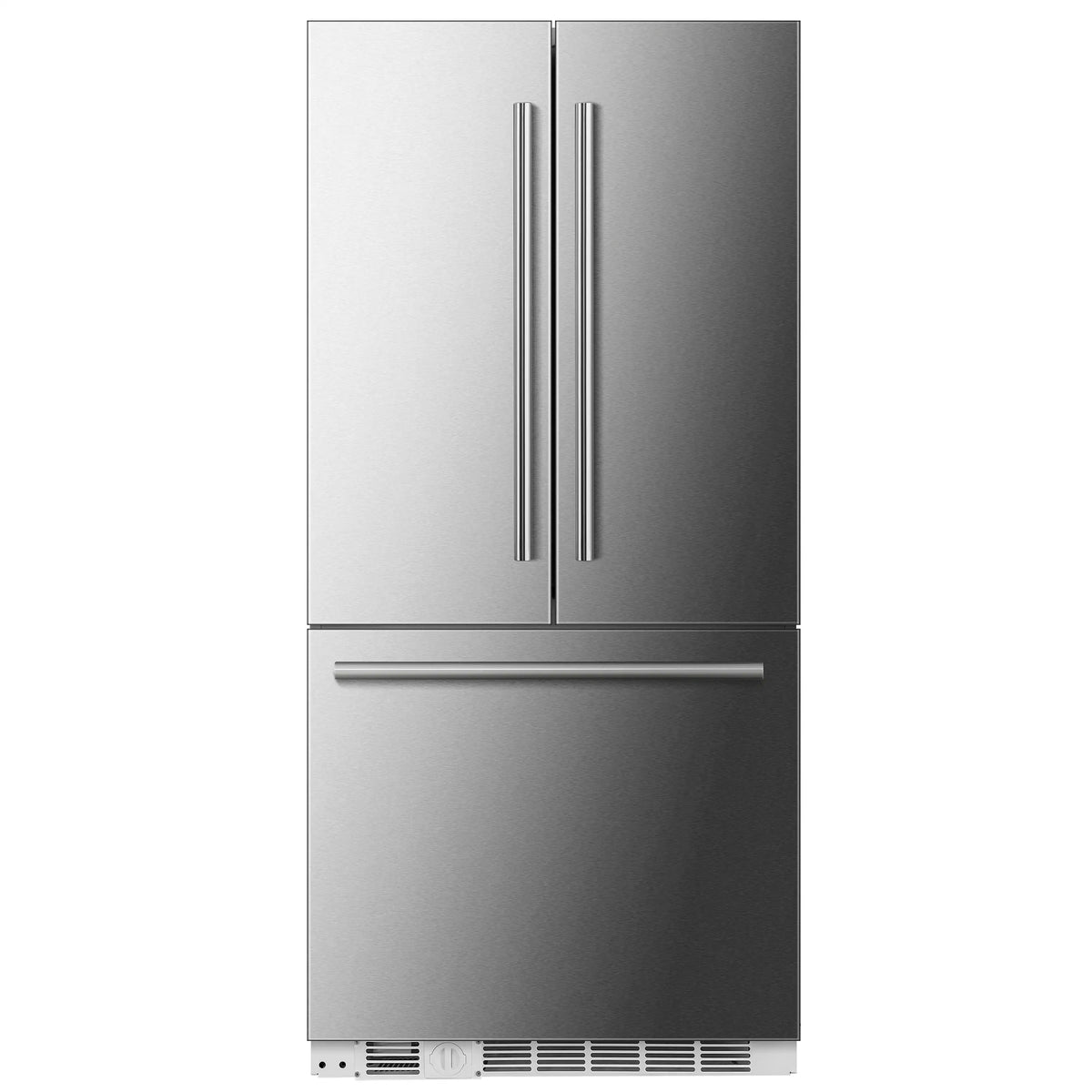Stainless steel French door refrigerator exterior with double vertical handles