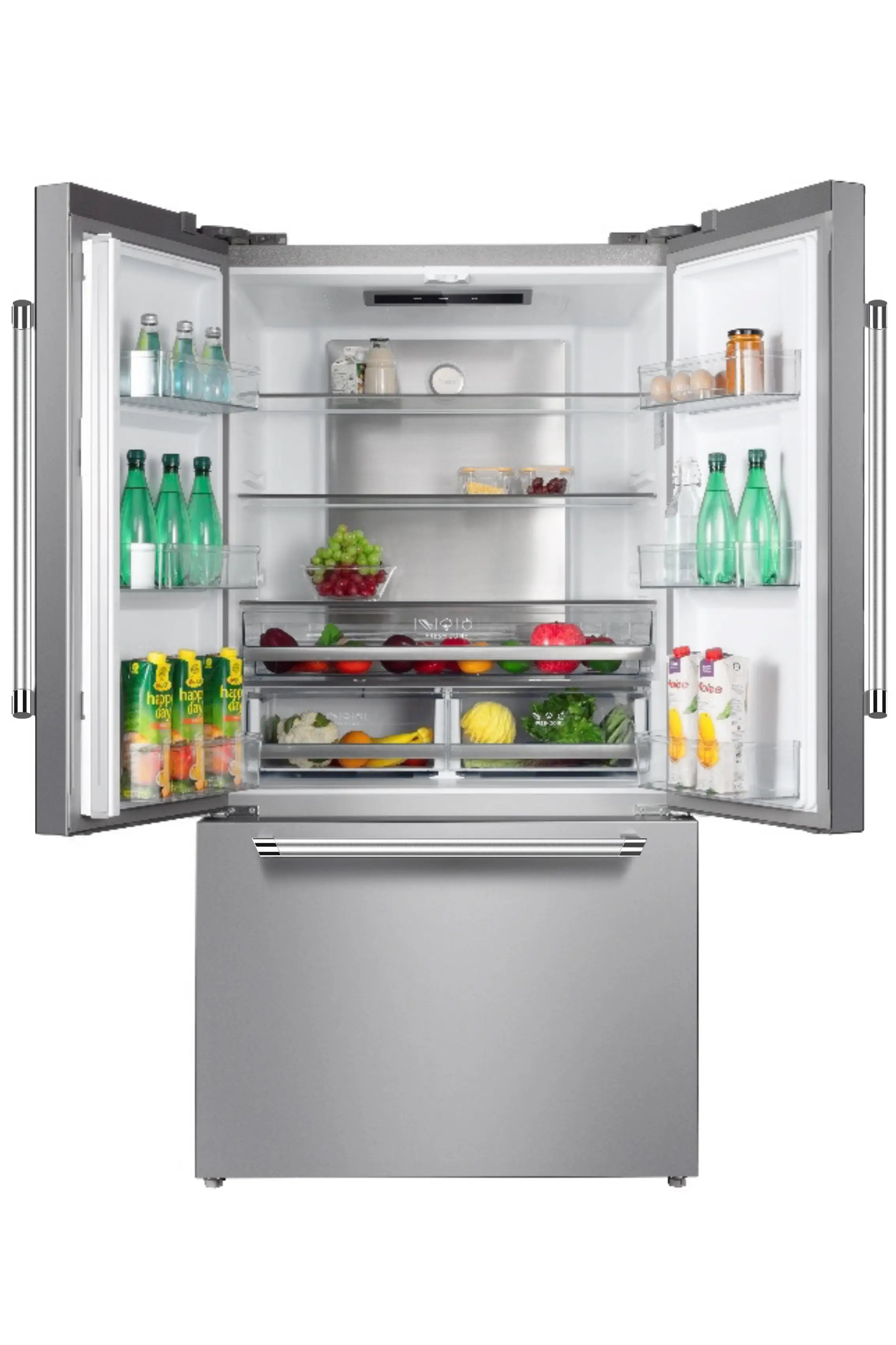 French door refrigerator with bottom freezer, open interior showing shelves and drawers