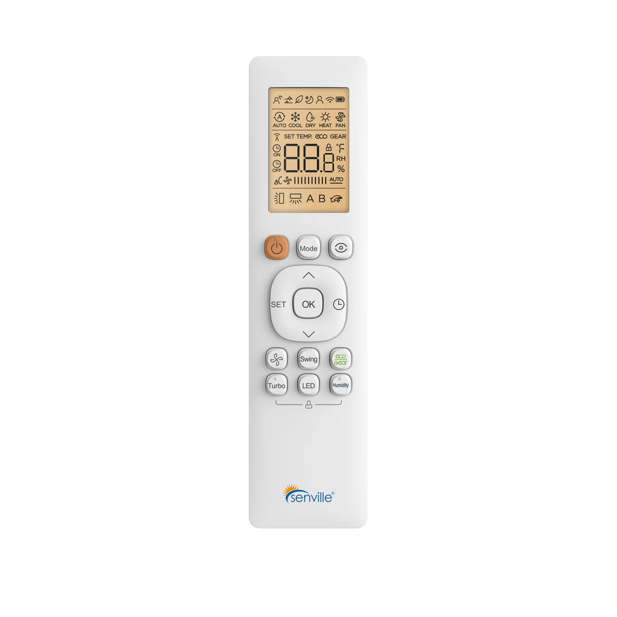 White mini-split remote control with LCD screen and button keypad