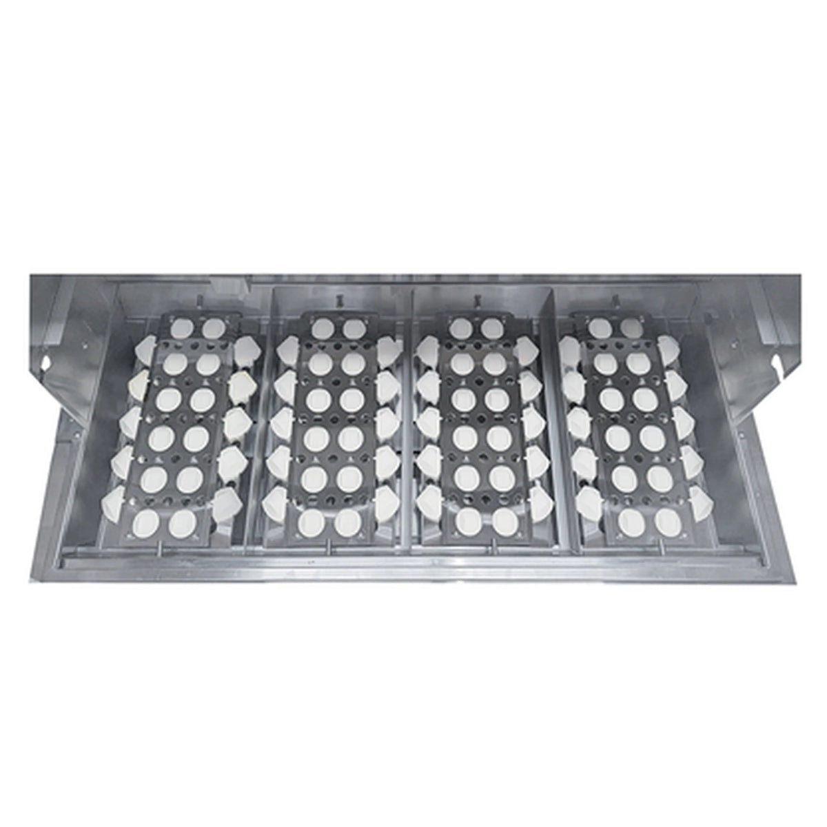 Stainless steel gas grill burner tray with multiple circular burner ports and grates