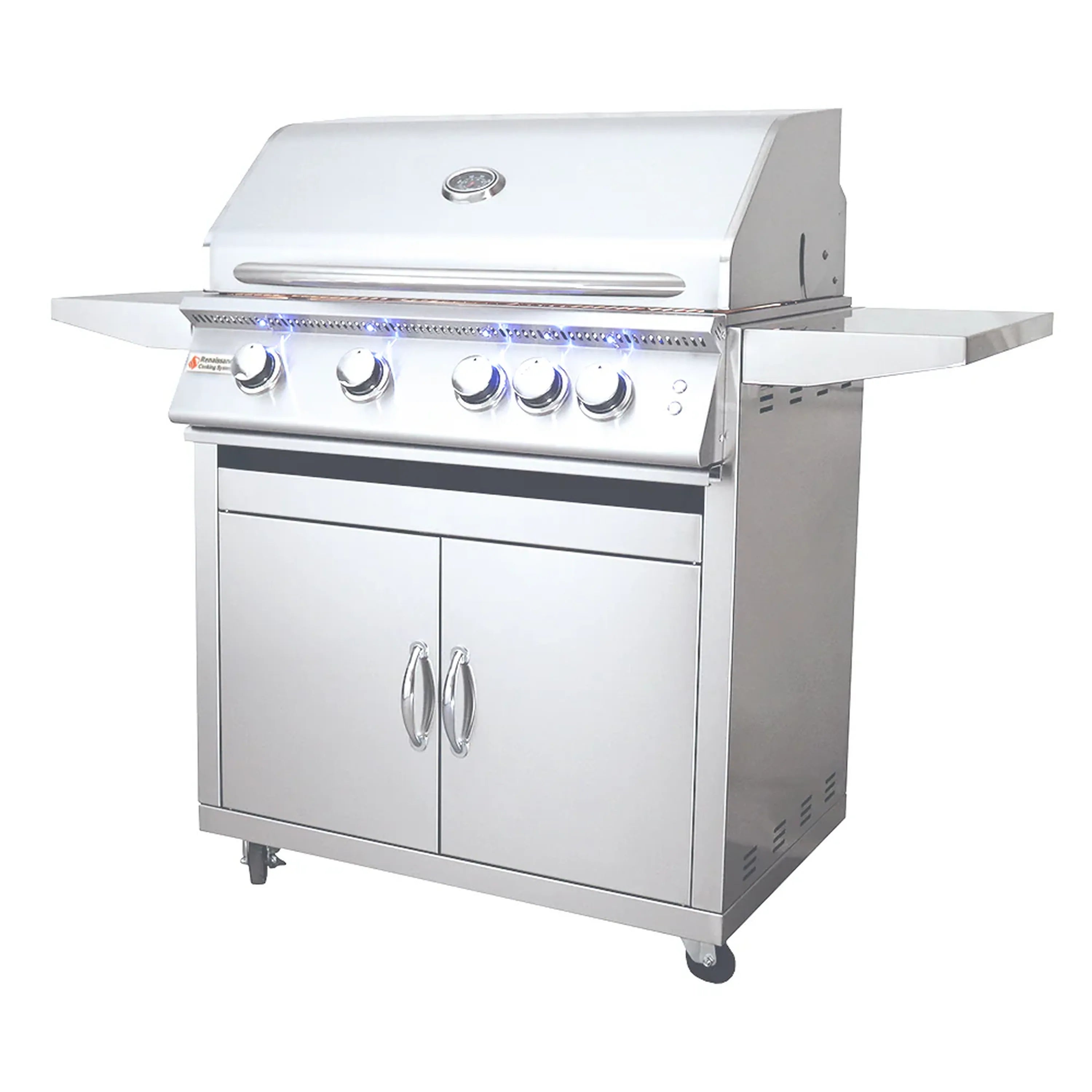 32-inch propane gas grill on cart with blue LED control panel and side shelf