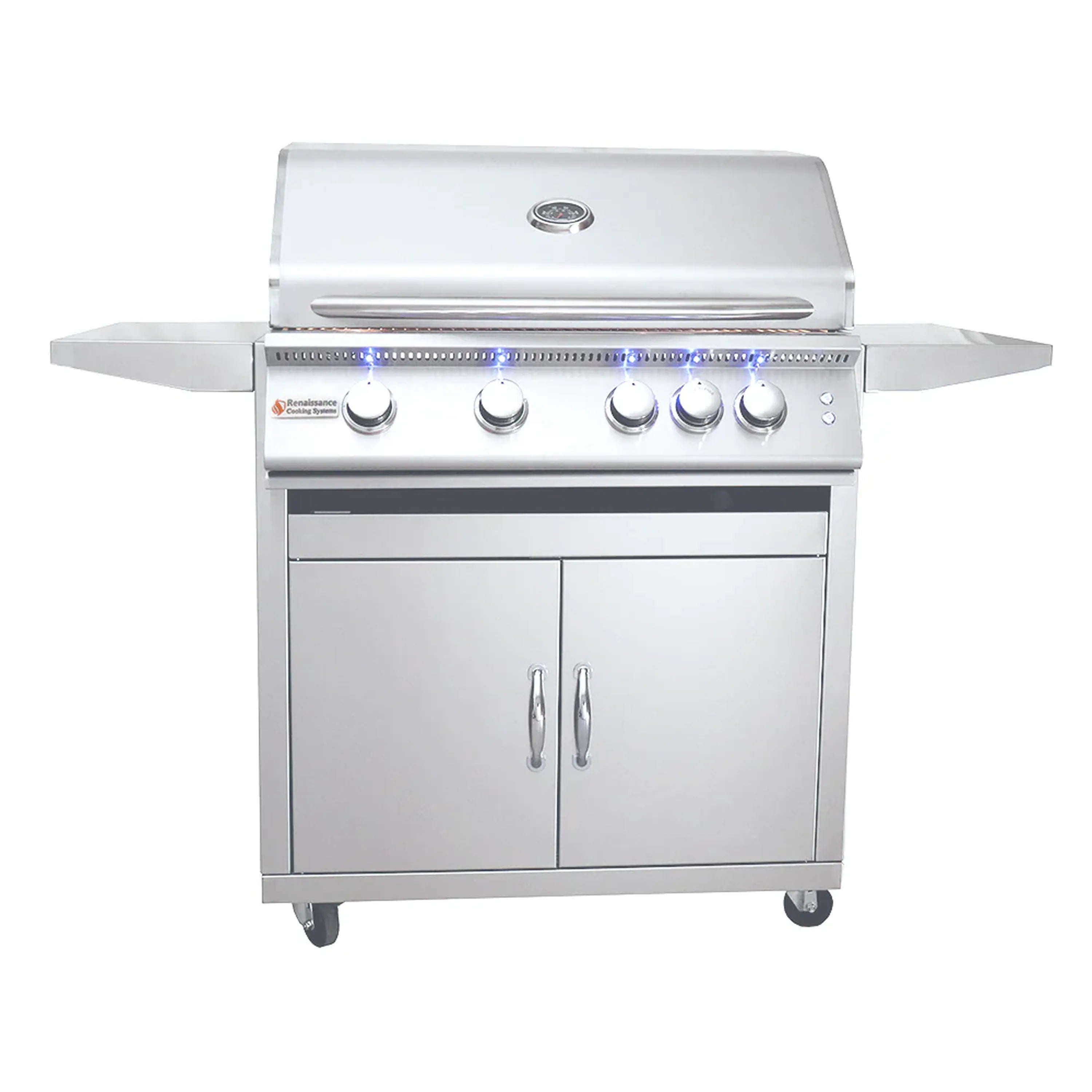 Stainless propane gas grill with blue LED knobs, front cabinet doors, and side shelves