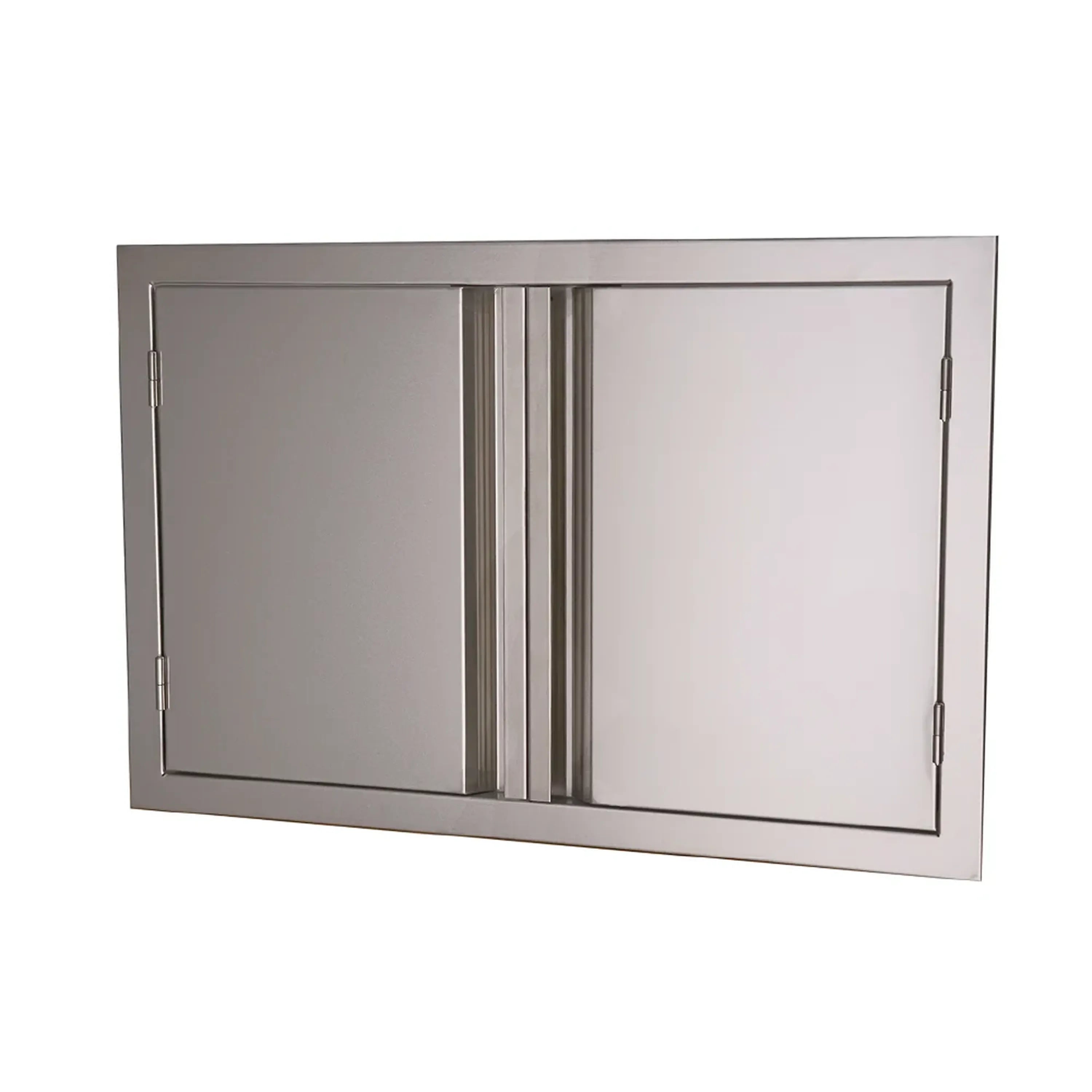 Double-door panel with two hinged doors and vertical center seam, silver metal finish