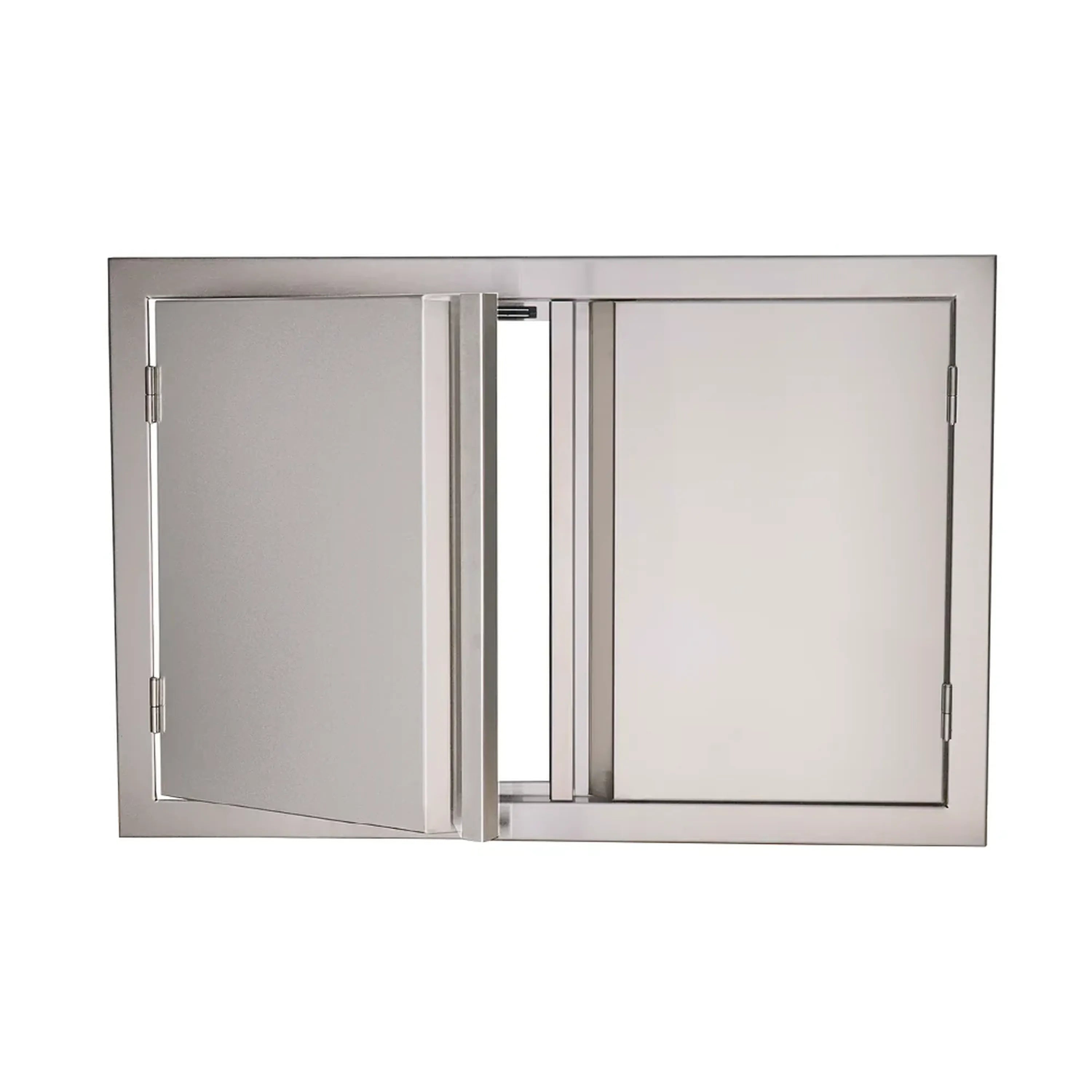 Double-door panel with one door ajar, hinges visible, vertical center seam, silver finish