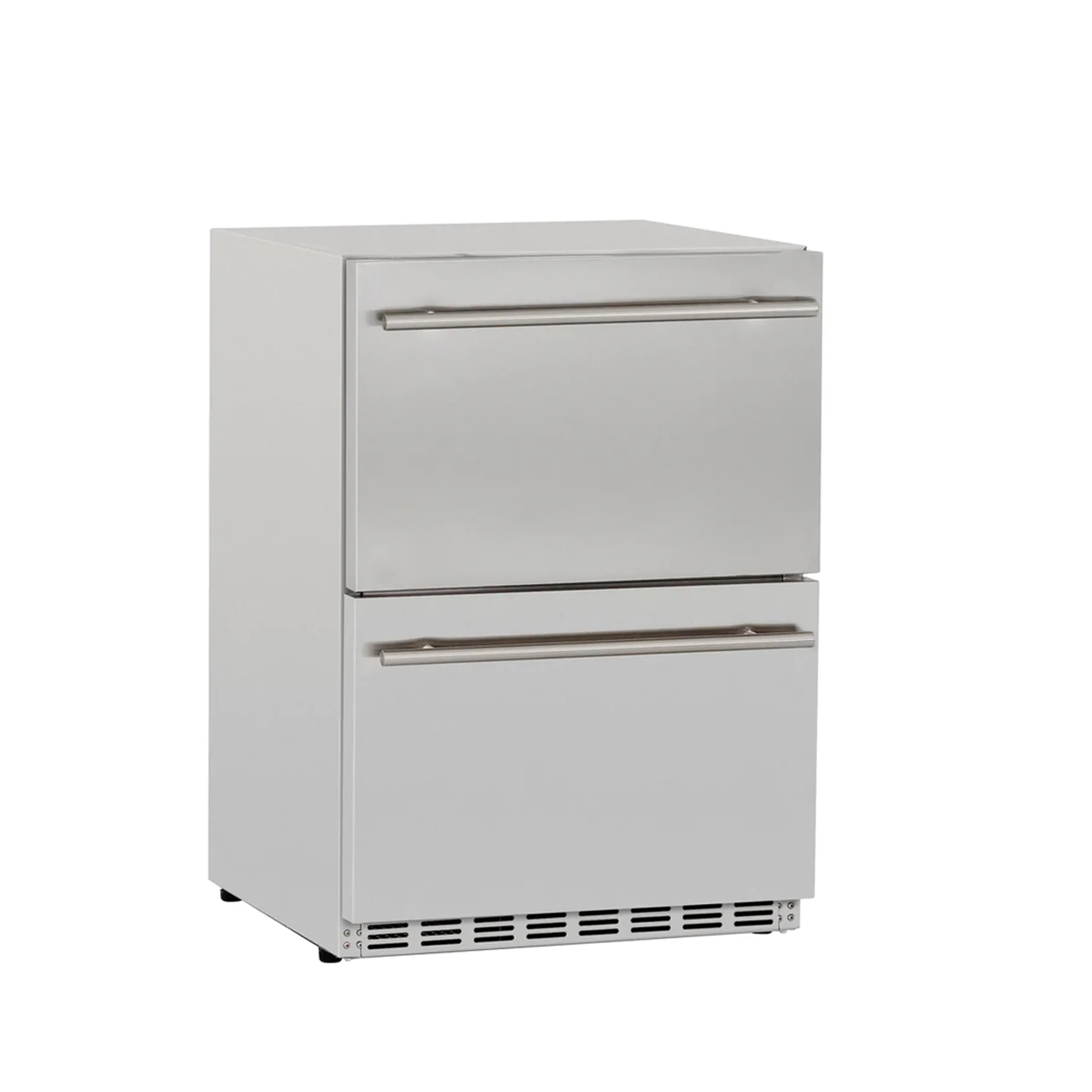 Two-drawer refrigerator with stainless front, two stacked drawers, silver handles, vented base.