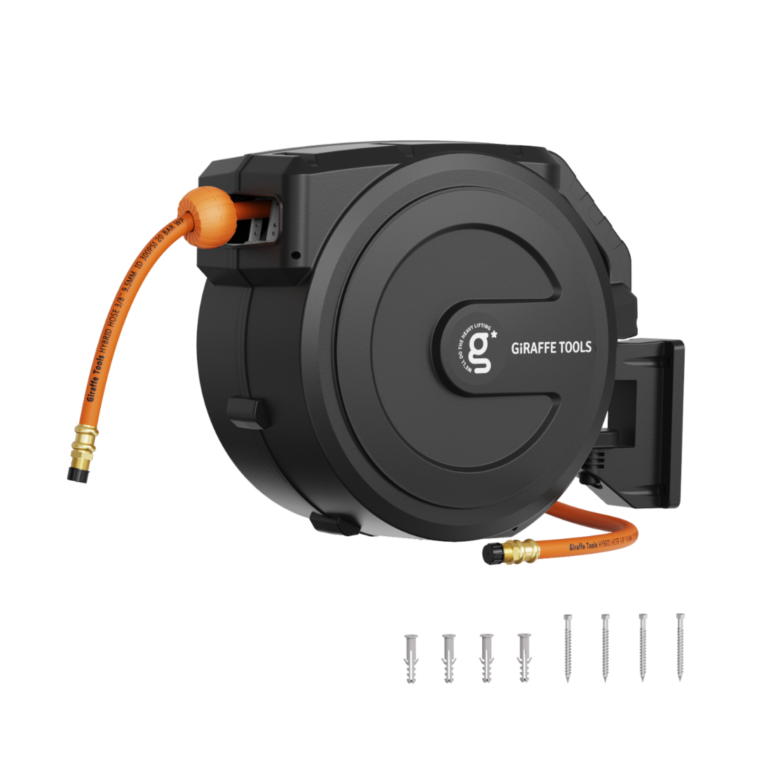 Retractable air hose reel with orange 3/8 in hose and brass fittings, plus screws