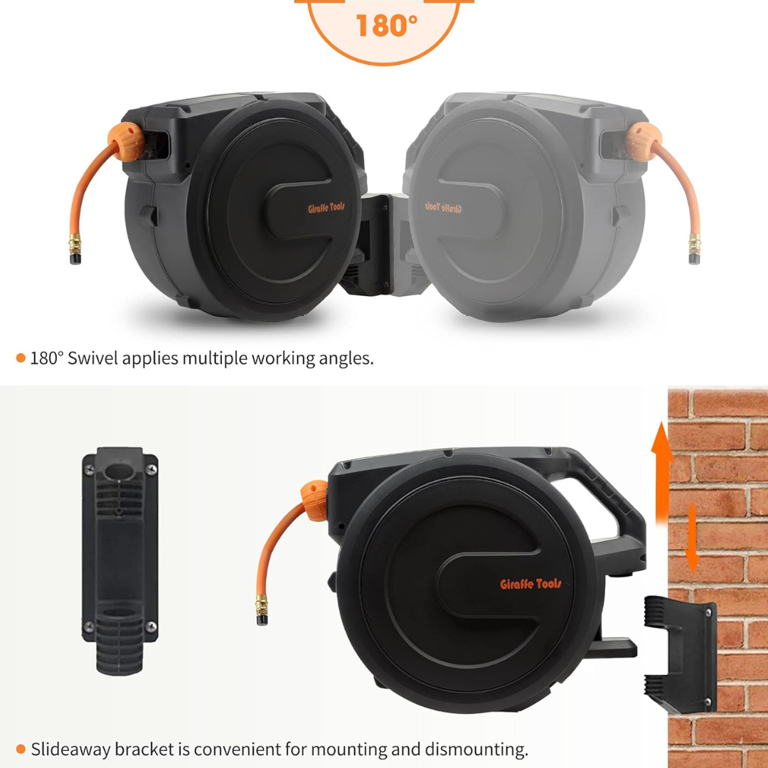 Retractable air hose reel with 180° swivel mounting bracket and orange hose