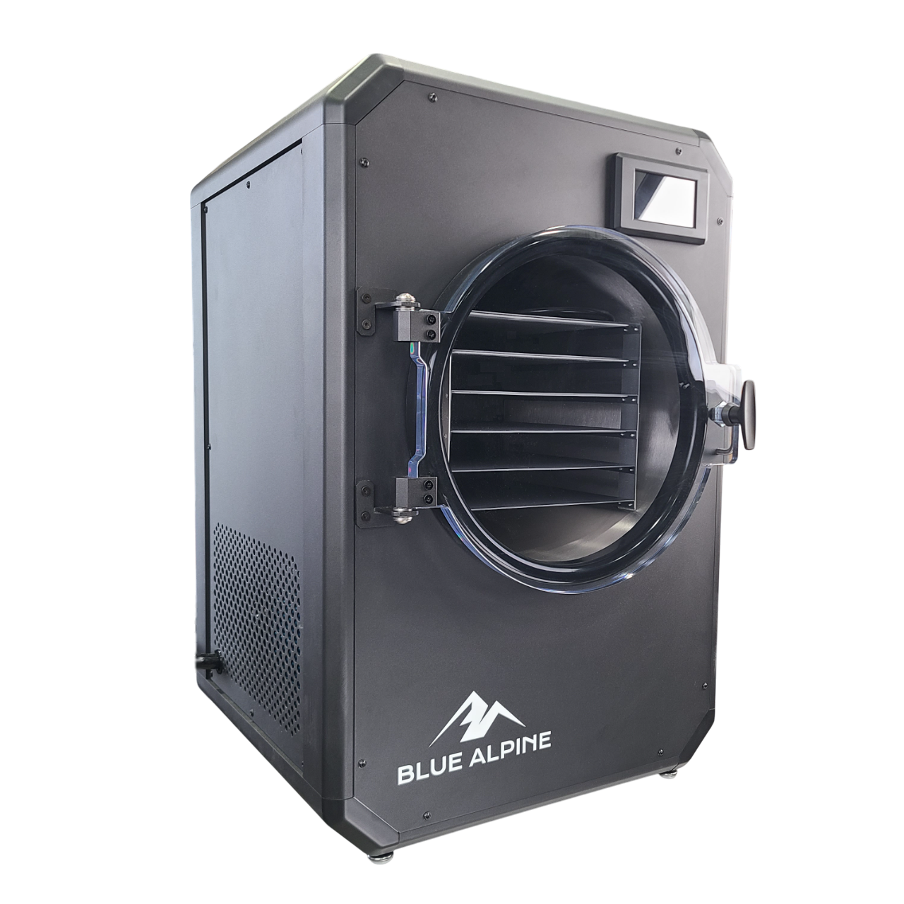 Freeze dryer unit side view with round door, black interior racks, dark gray body, screen