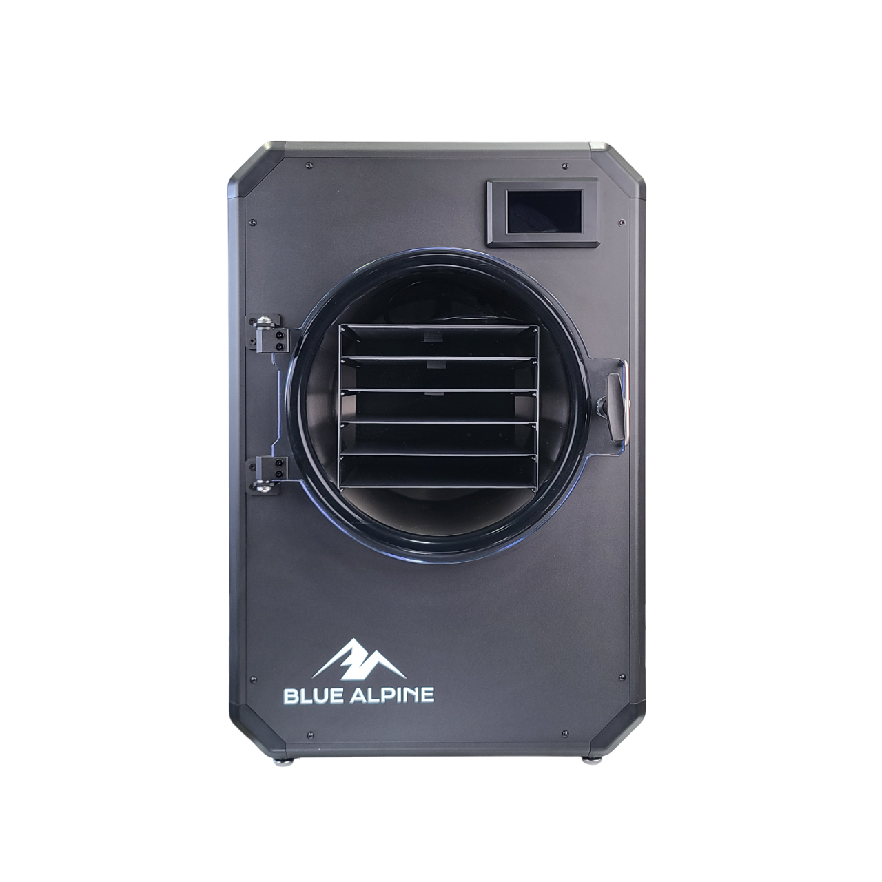 Freeze dryer unit with round door and black interior racks, dark gray body, top control display