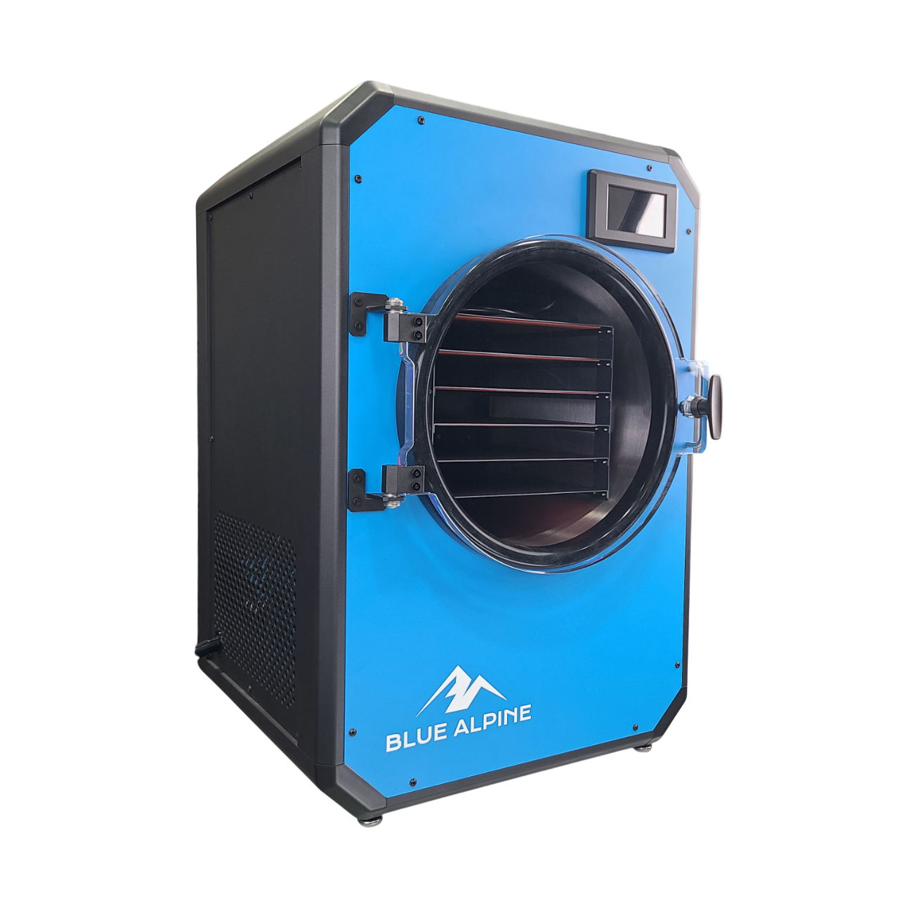 Freeze dryer unit side view with round door, black interior racks, blue body, control screen
